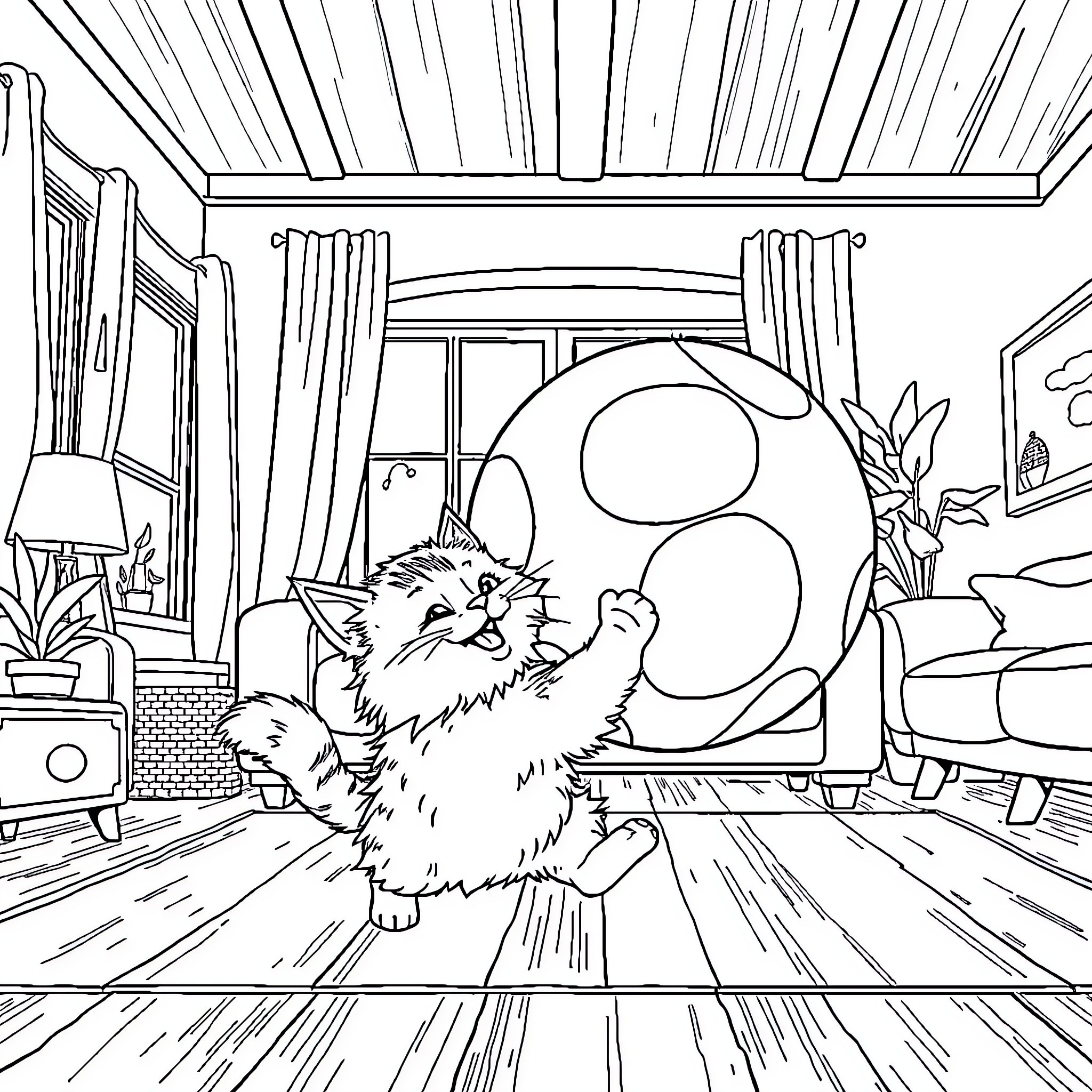 Cat playing mischievously in a cozy room Coloring Page (free black-and-white line drawing printable PDF for all, from beginners to advanced learners, including children, teens, adults, and seniors)