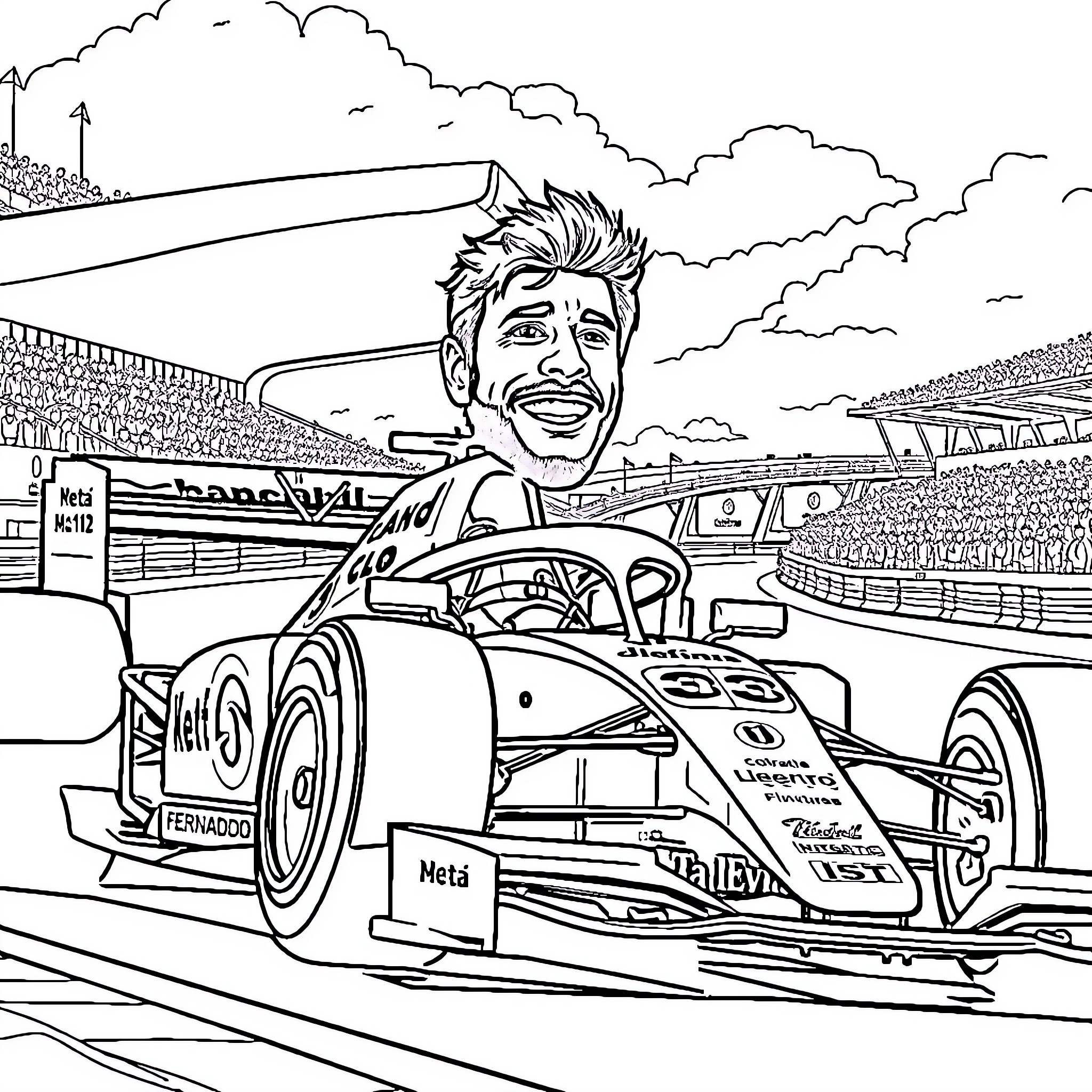 Fernando Alonso driving Formula One race car on the track Coloring Page (free black-and-white line drawing printable PDF for all, from beginners to advanced learners, including children, teens, adults, and seniors)