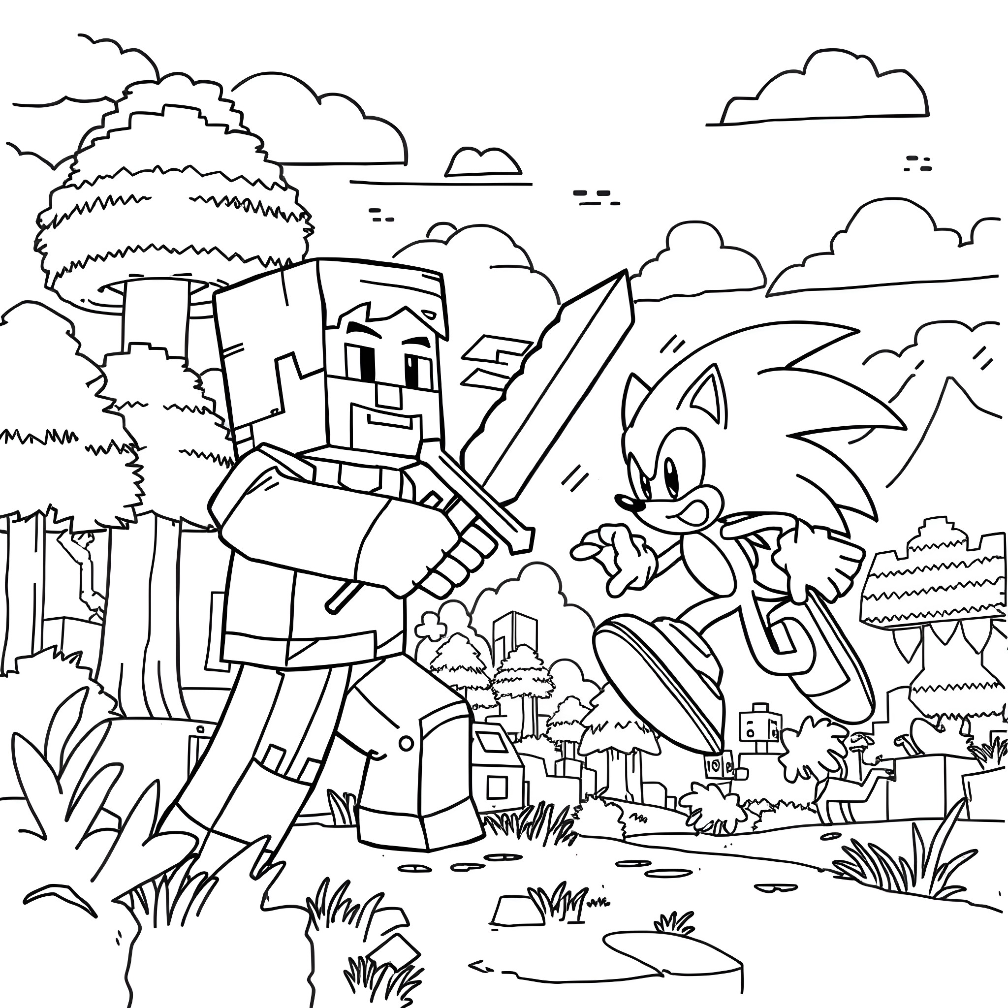 Minecraft Steve and Sonic the Hedgehog in an adventure Coloring Page (free black-and-white line drawing printable PDF for all, from beginners to advanced learners, including children, teens, adults, and seniors)