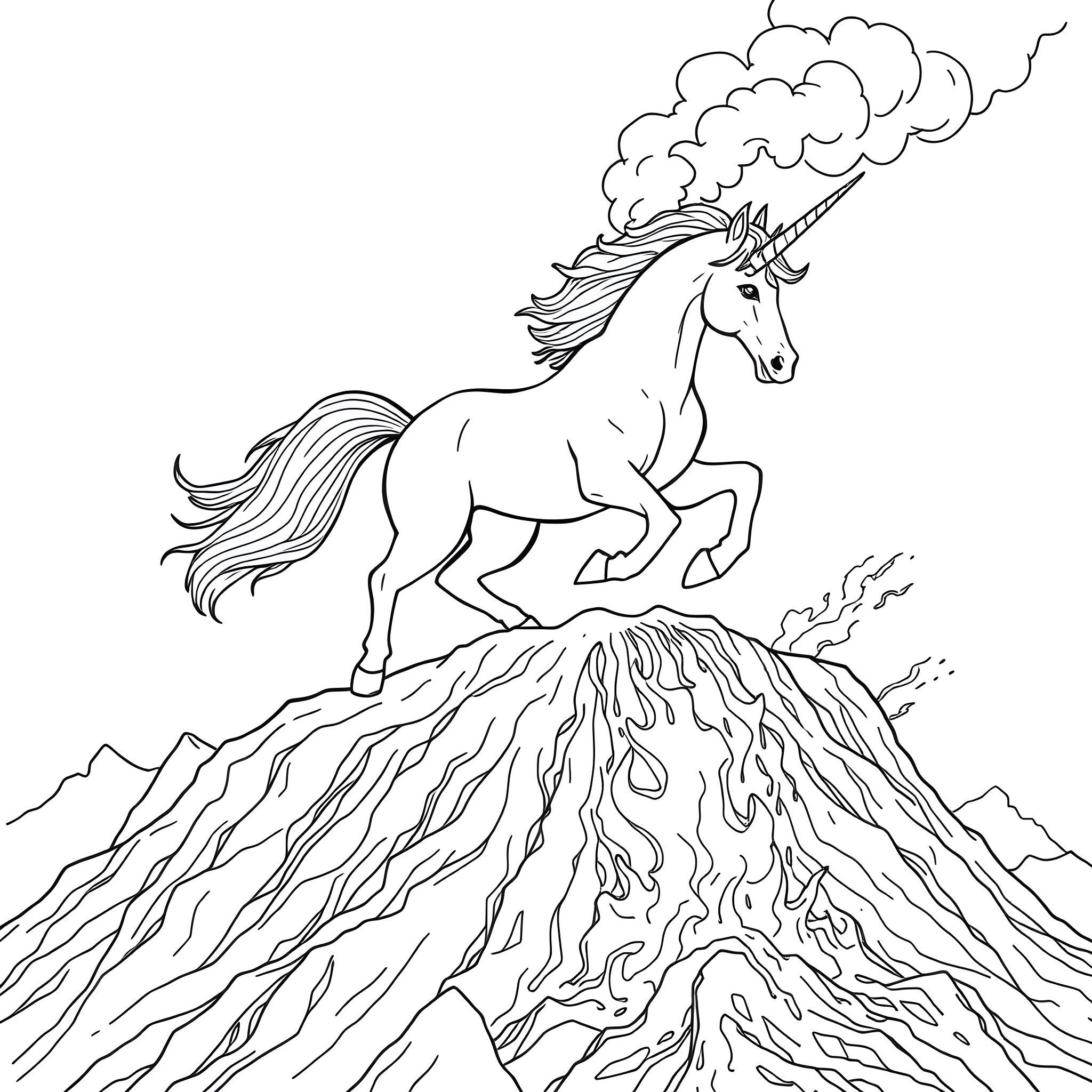 Unicorn galloping across a fiery landscape Coloring Page (free black-and-white line drawing printable PDF for all, from beginners to advanced learners, including children, teens, adults, and seniors)