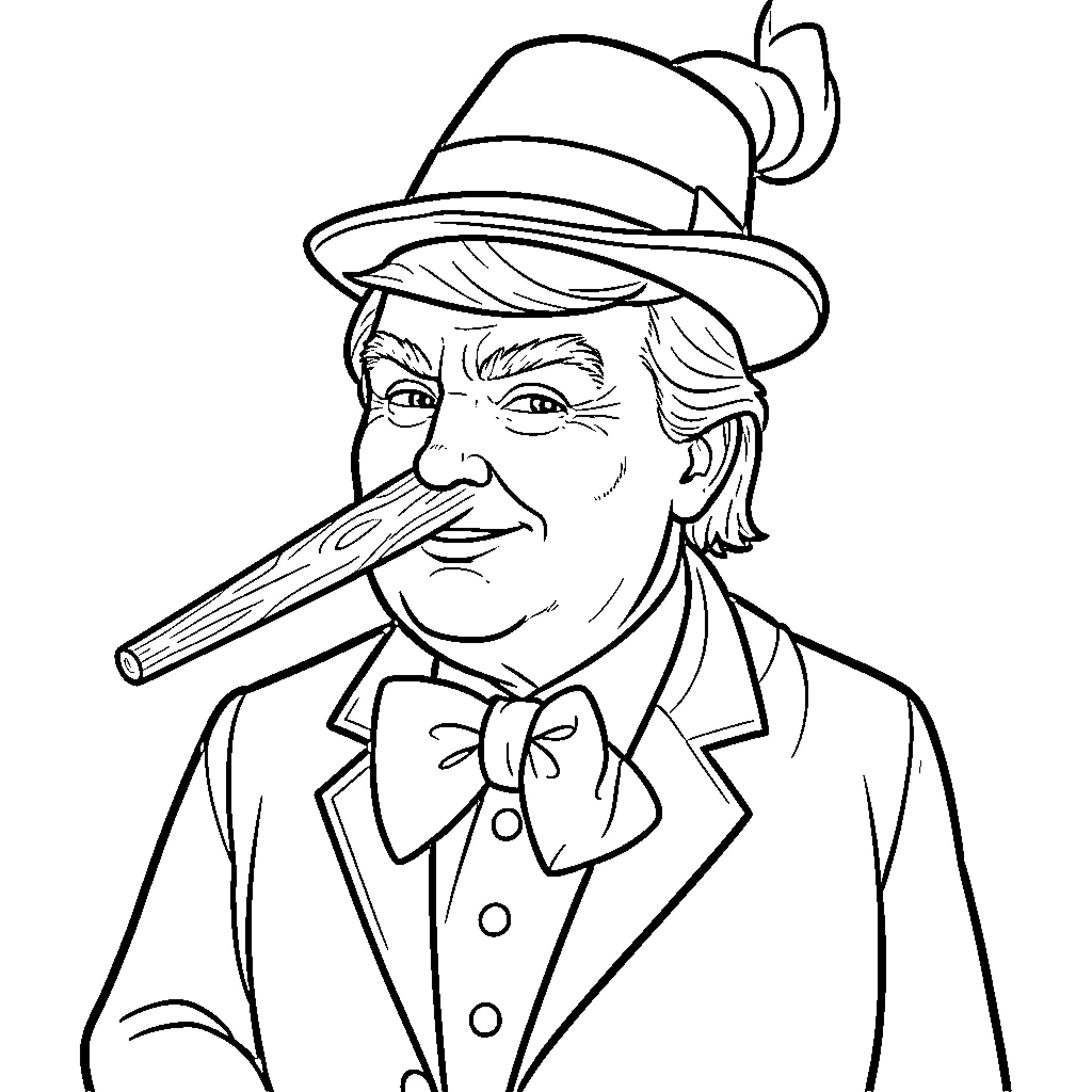 Donald Trump posing with cigar in formal attire Coloring Page (free black-and-white line drawing printable PDF for all, from beginners to advanced learners, including children, teens, adults, and seniors)