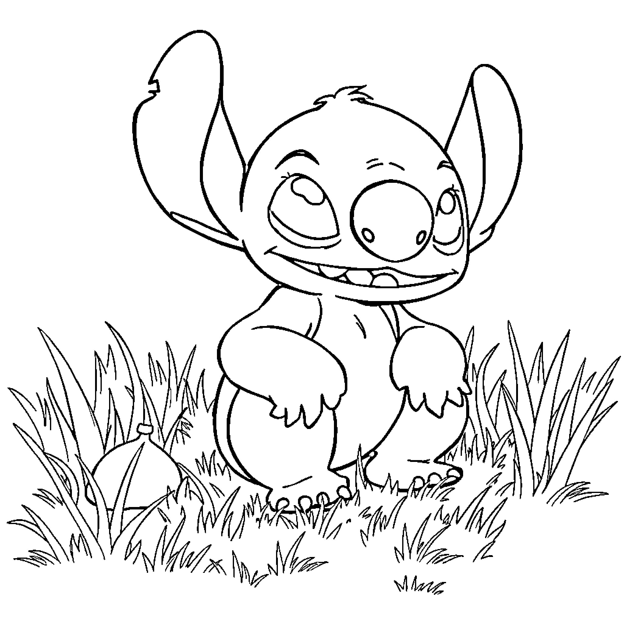 Stitch sitting in the grass with a smile Coloring Page (free black-and-white line drawing printable PDF for all, from beginners to advanced learners, including children, teens, adults, and seniors)