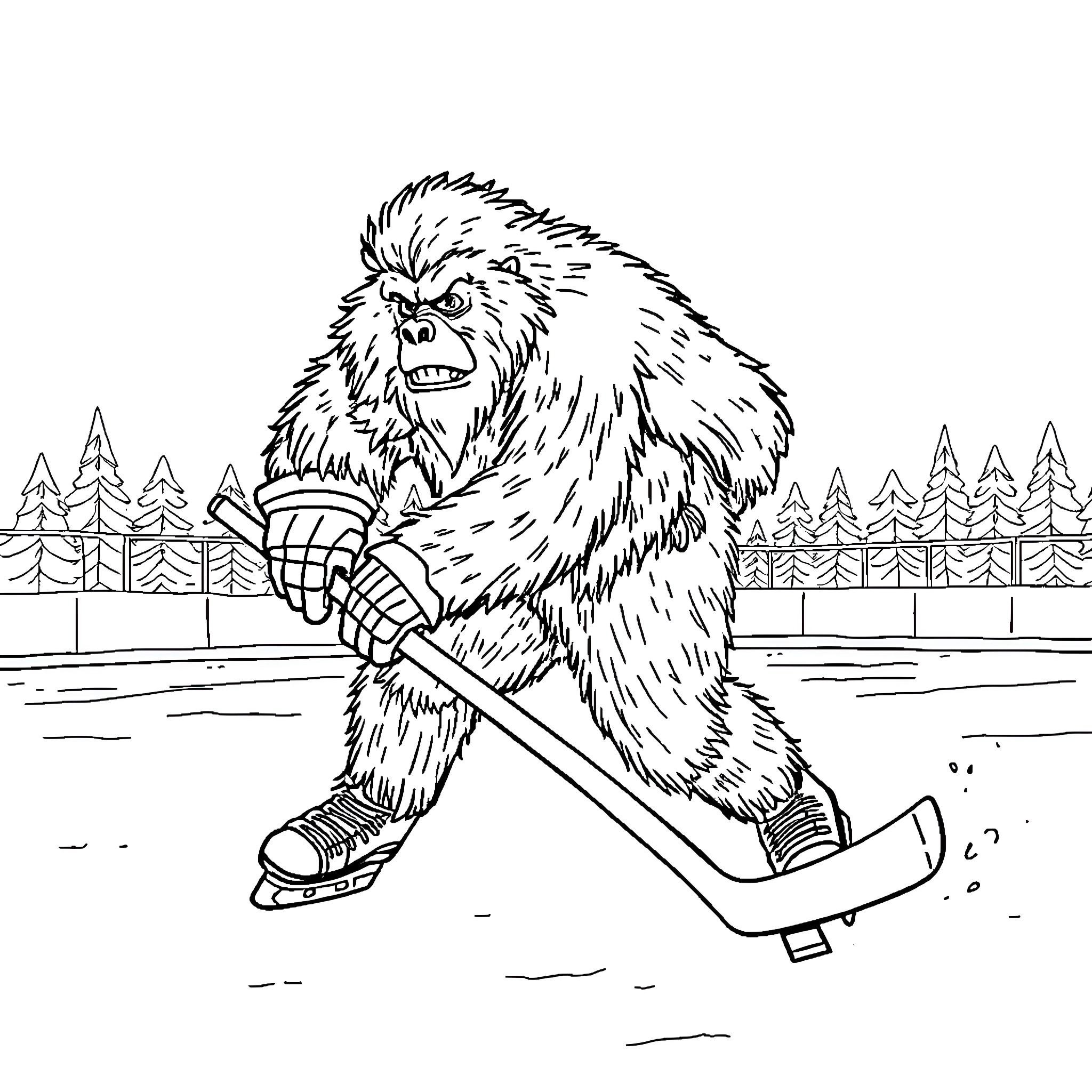Sasquatch playing hockey in the wilderness Coloring Page (free black-and-white line drawing printable PDF for all, from beginners to advanced learners, including children, teens, adults, and seniors)