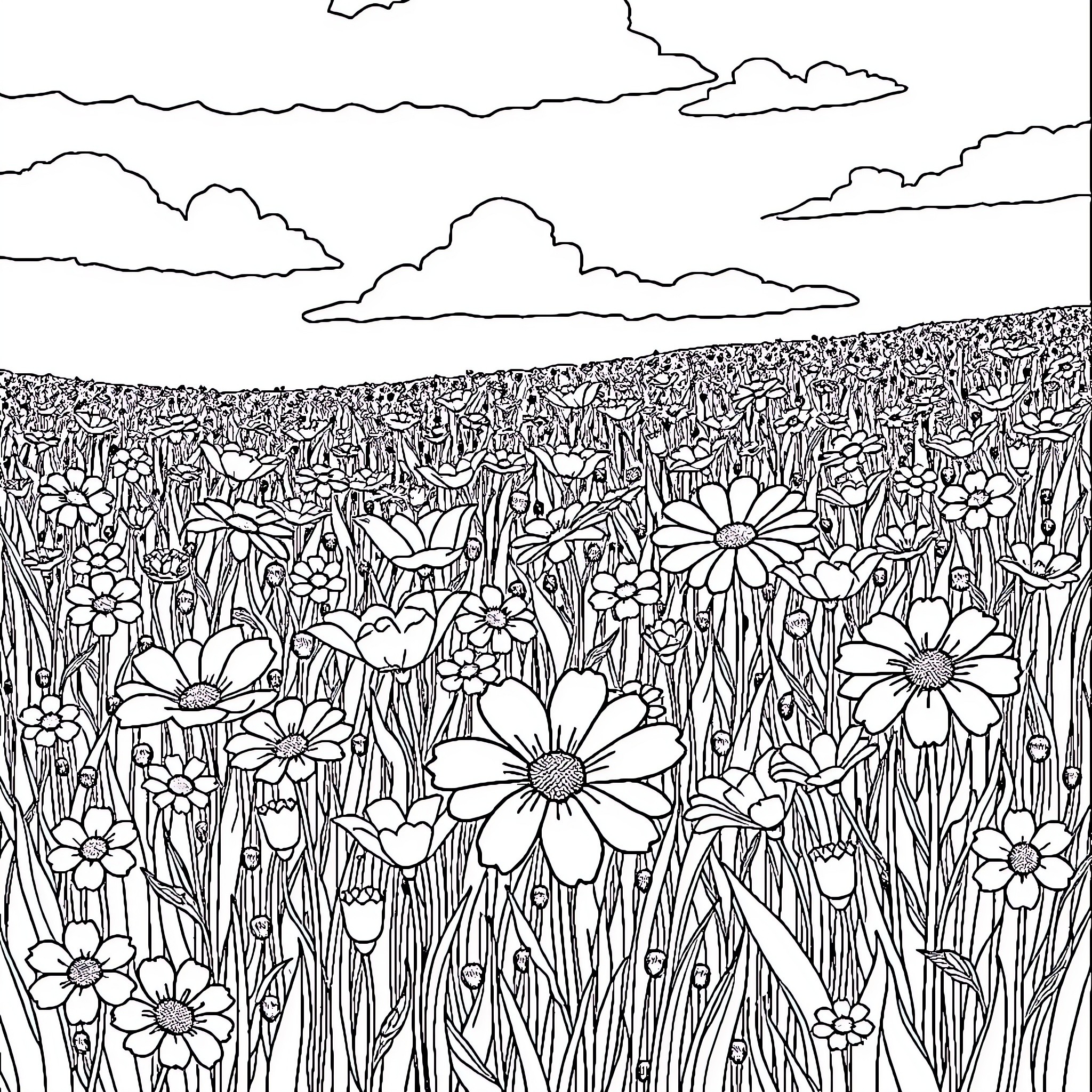 Flower Field Filled with Blooming Flowers Coloring Page (free black-and-white line drawing printable PDF for all, from beginners to advanced learners, including children, teens, adults, and seniors)