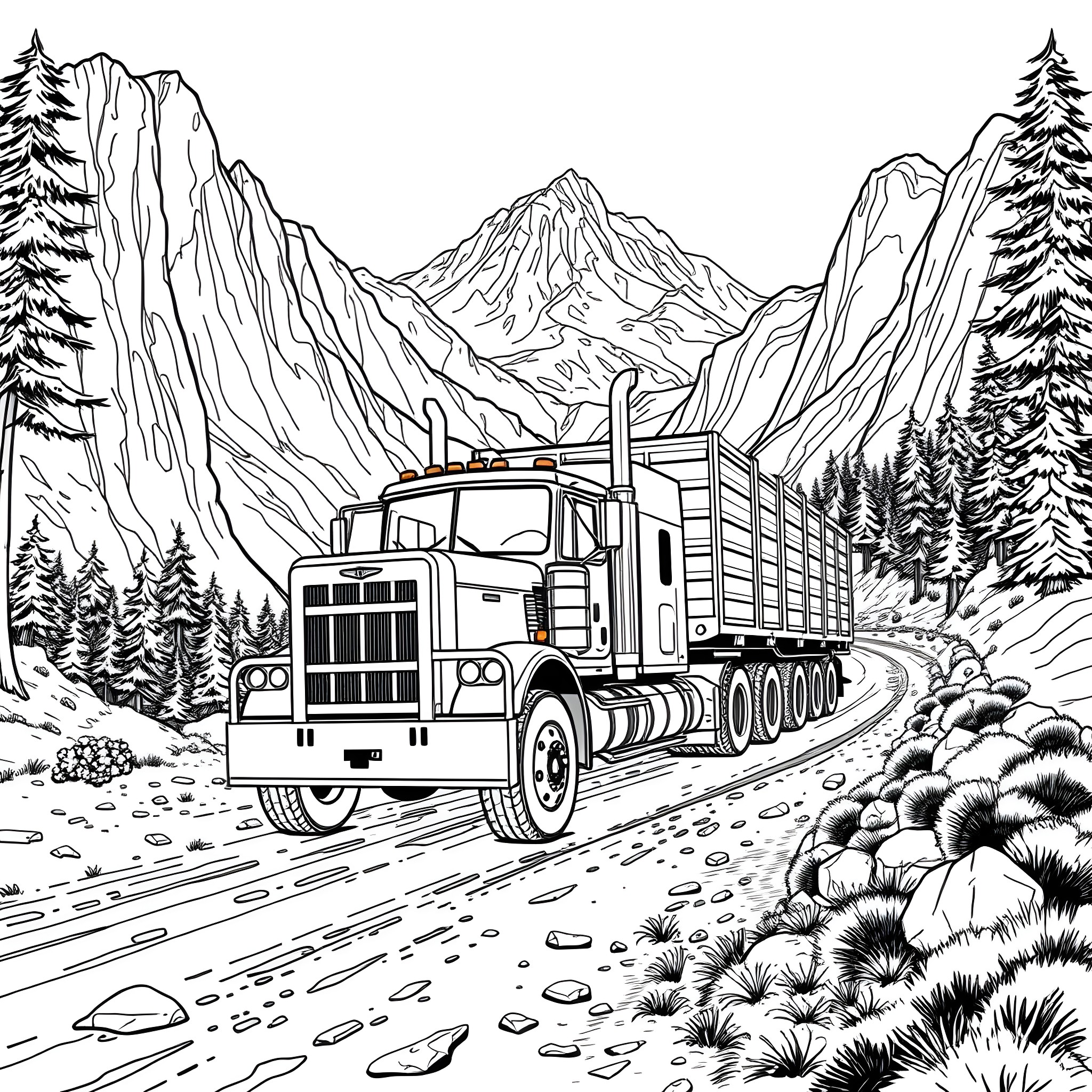 Hauling Cargo Through the Rugged Mountain Terrain Coloring Page (free black-and-white line drawing printable PDF for all, from beginners to advanced learners, including children, teens, adults, and seniors)