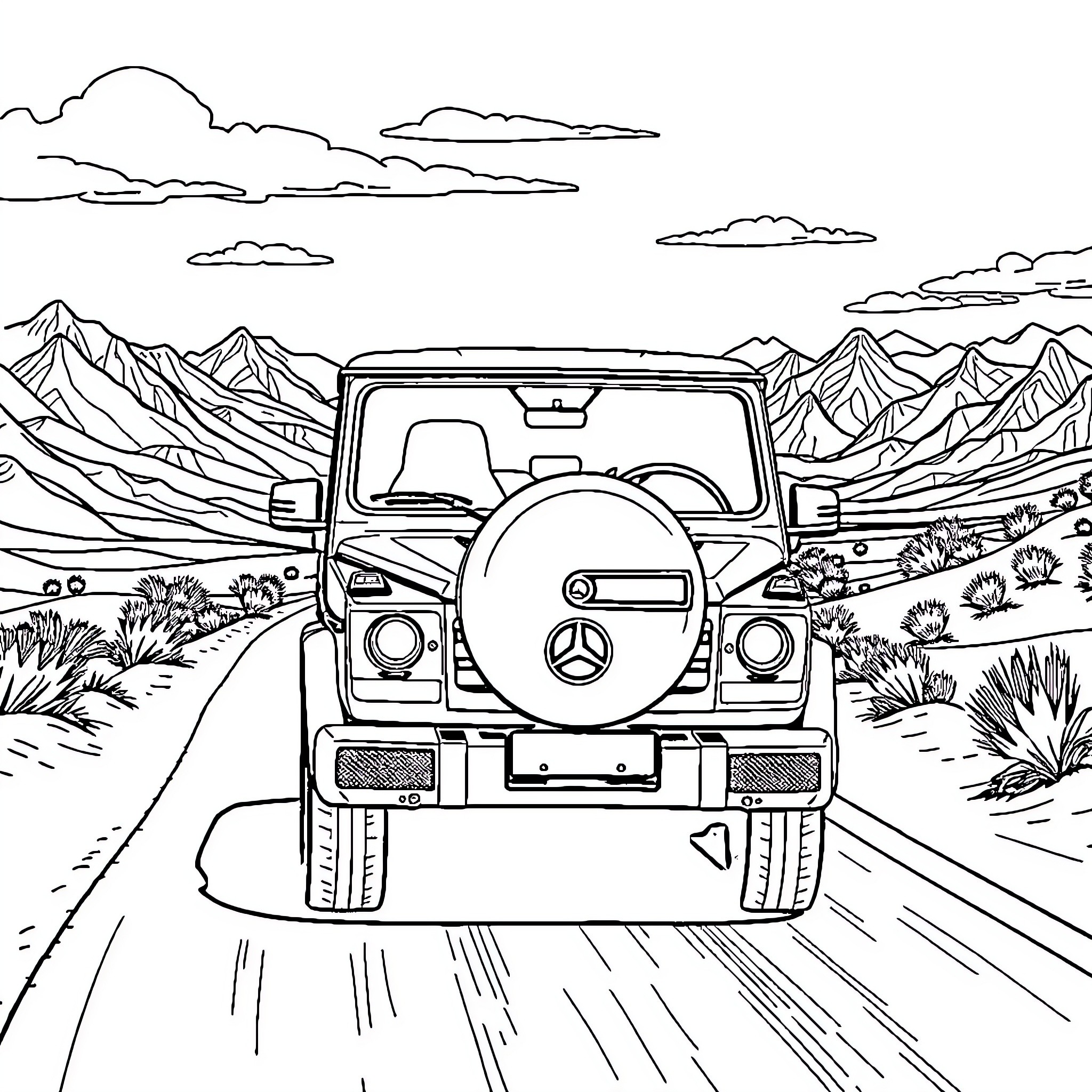Mercedes SUV navigating through mountainous terrain Coloring Page (free black-and-white line drawing printable PDF for all, from beginners to advanced learners, including children, teens, adults, and seniors)