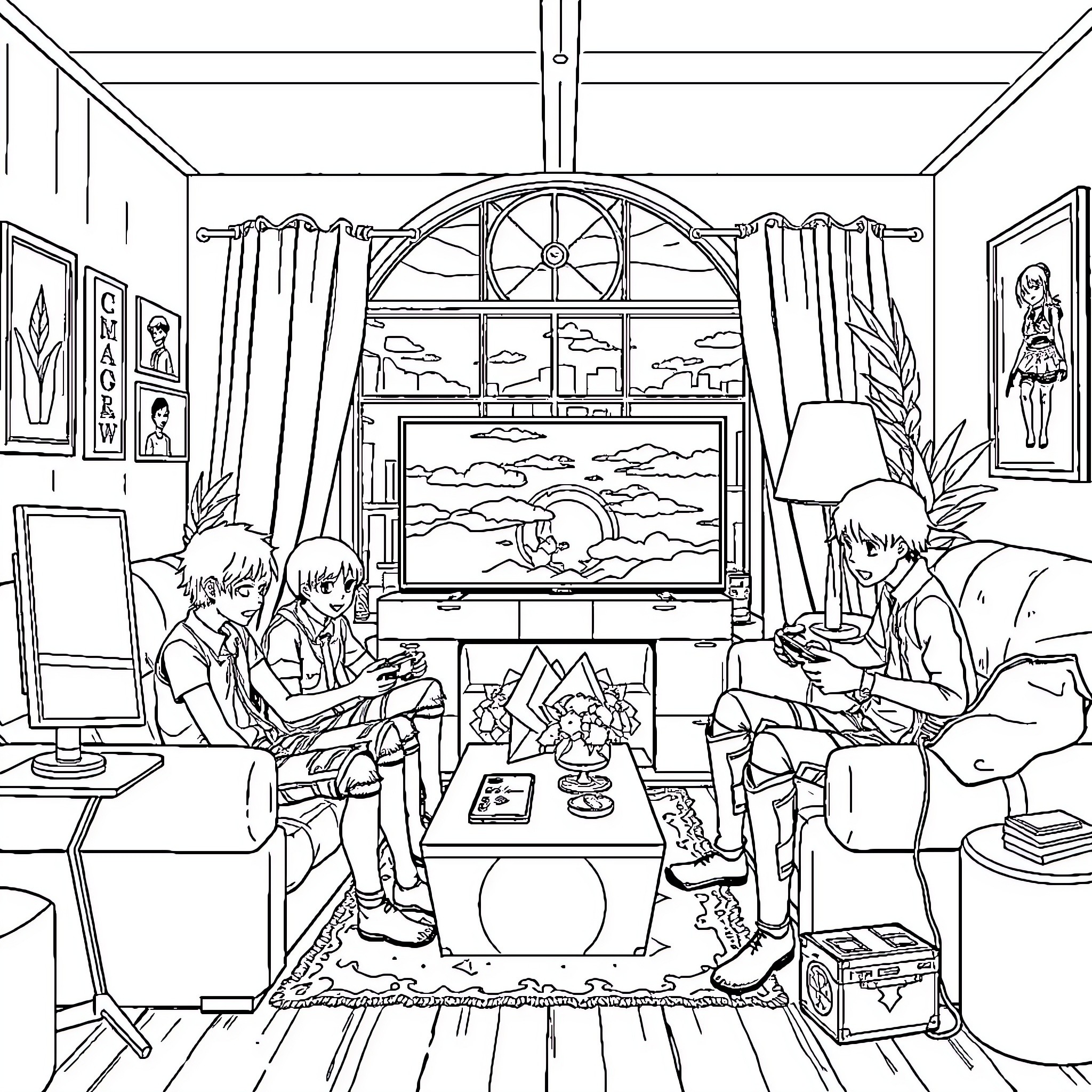 Attack on Titan: Friends Gathered for Game Night Coloring Page (free black-and-white line drawing printable PDF for all, from beginners to advanced learners, including children, teens, adults, and seniors)