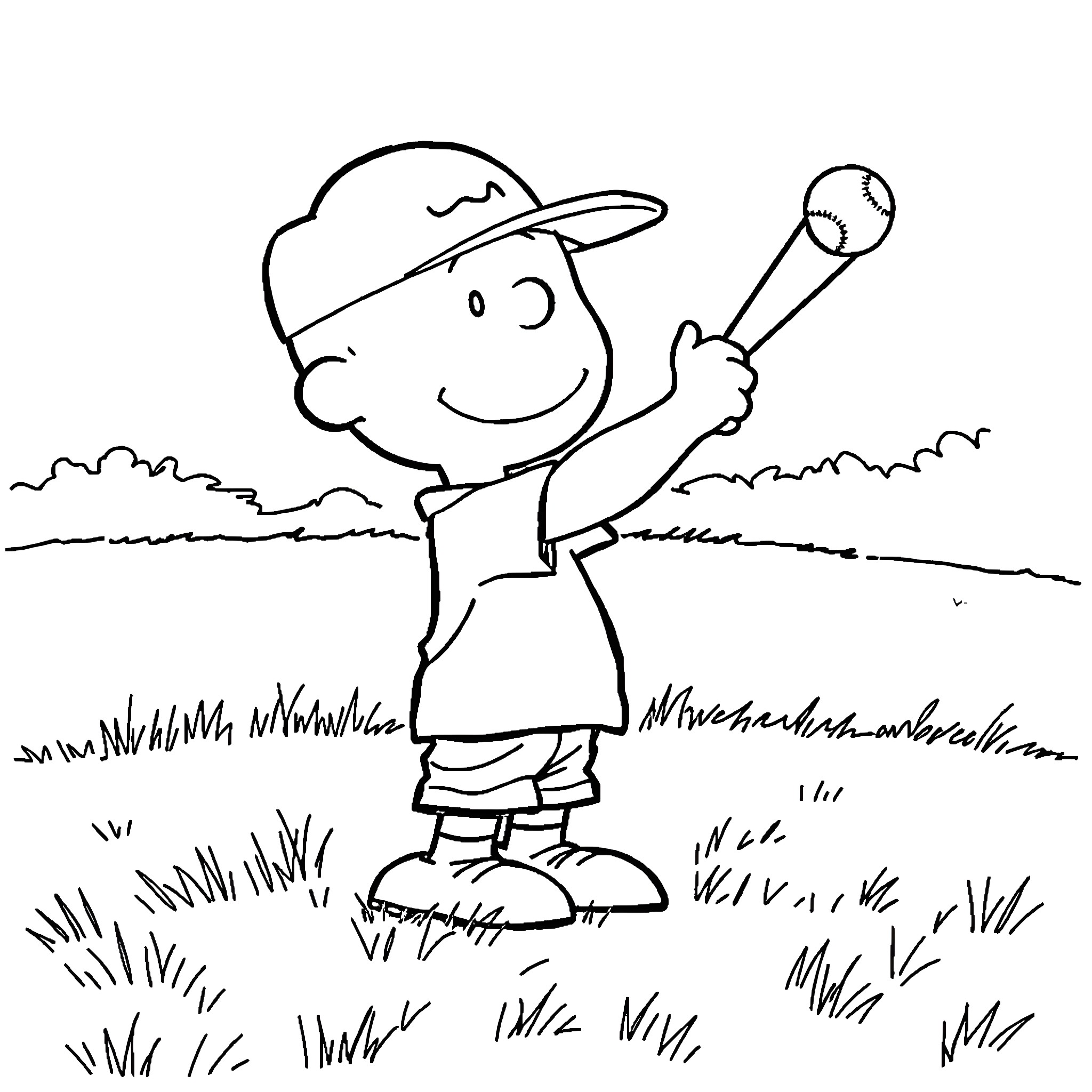 Charlie Brown playing baseball in the field Coloring Page (free black-and-white line drawing printable PDF for all, from beginners to advanced learners, including children, teens, adults, and seniors)