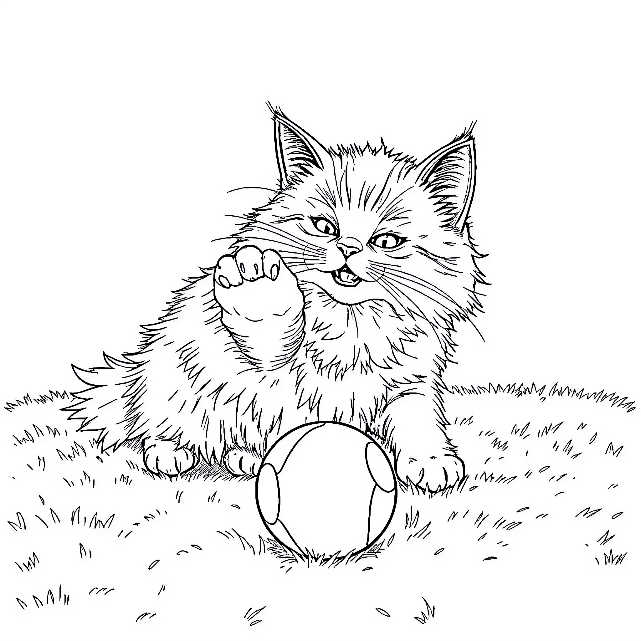 Cat playfully posing with ball in grassy field Coloring Page (free black-and-white line drawing printable PDF for all, from beginners to advanced learners, including children, teens, adults, and seniors)