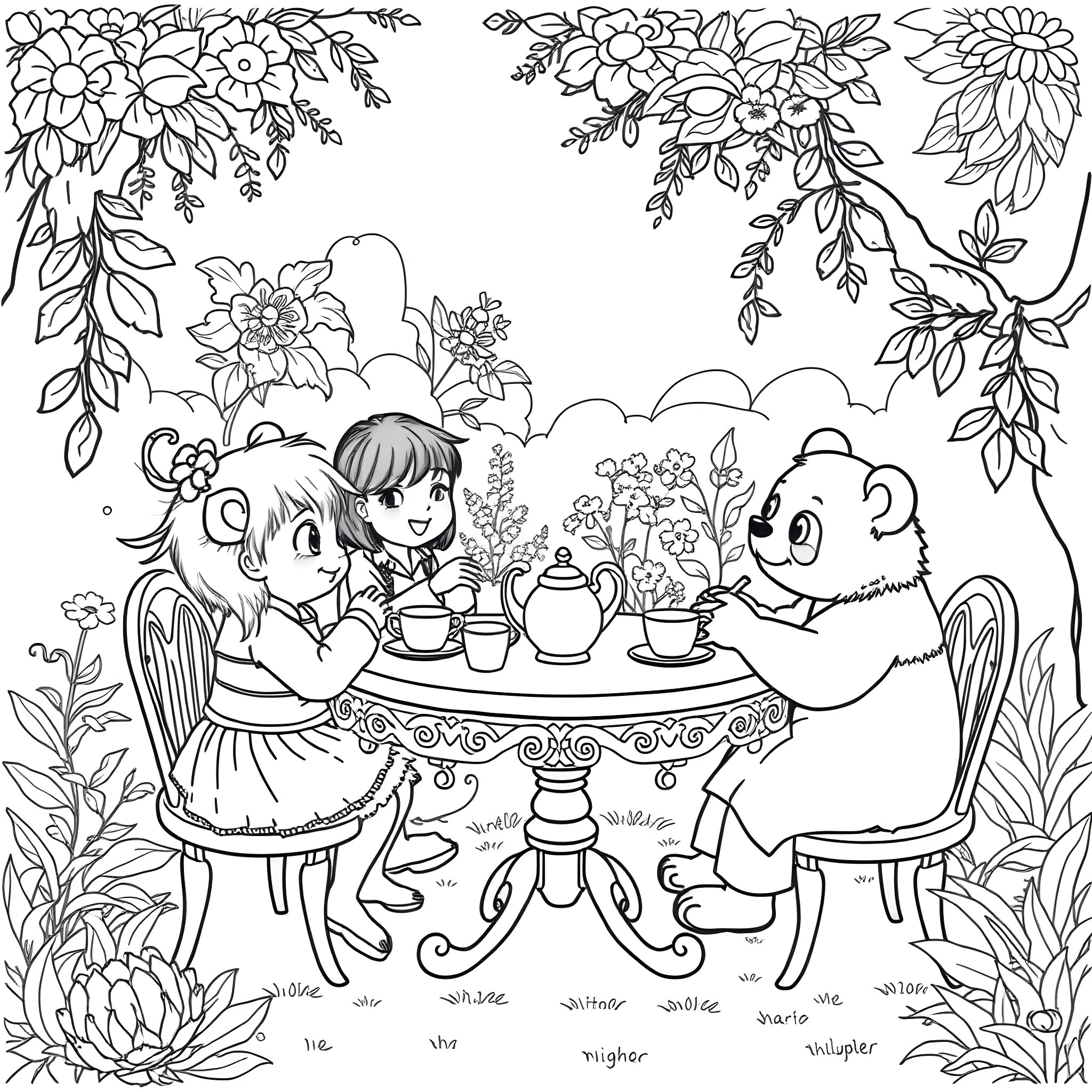 Child Enjoying a Tea Party with Playful Companions Coloring Page (free black-and-white line drawing printable PDF for all, from beginners to advanced learners, including children, teens, adults, and seniors)
