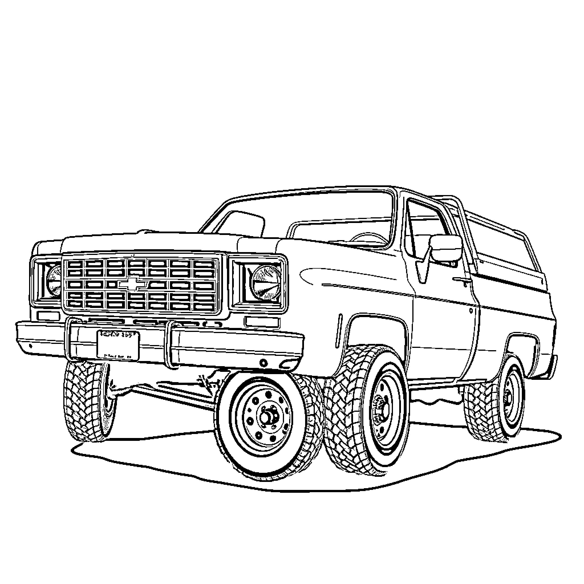 C10 Classic Pickup Truck with Off-Road Tires Coloring Page (free black-and-white line drawing printable PDF for all, from beginners to advanced learners, including children, teens, adults, and seniors)