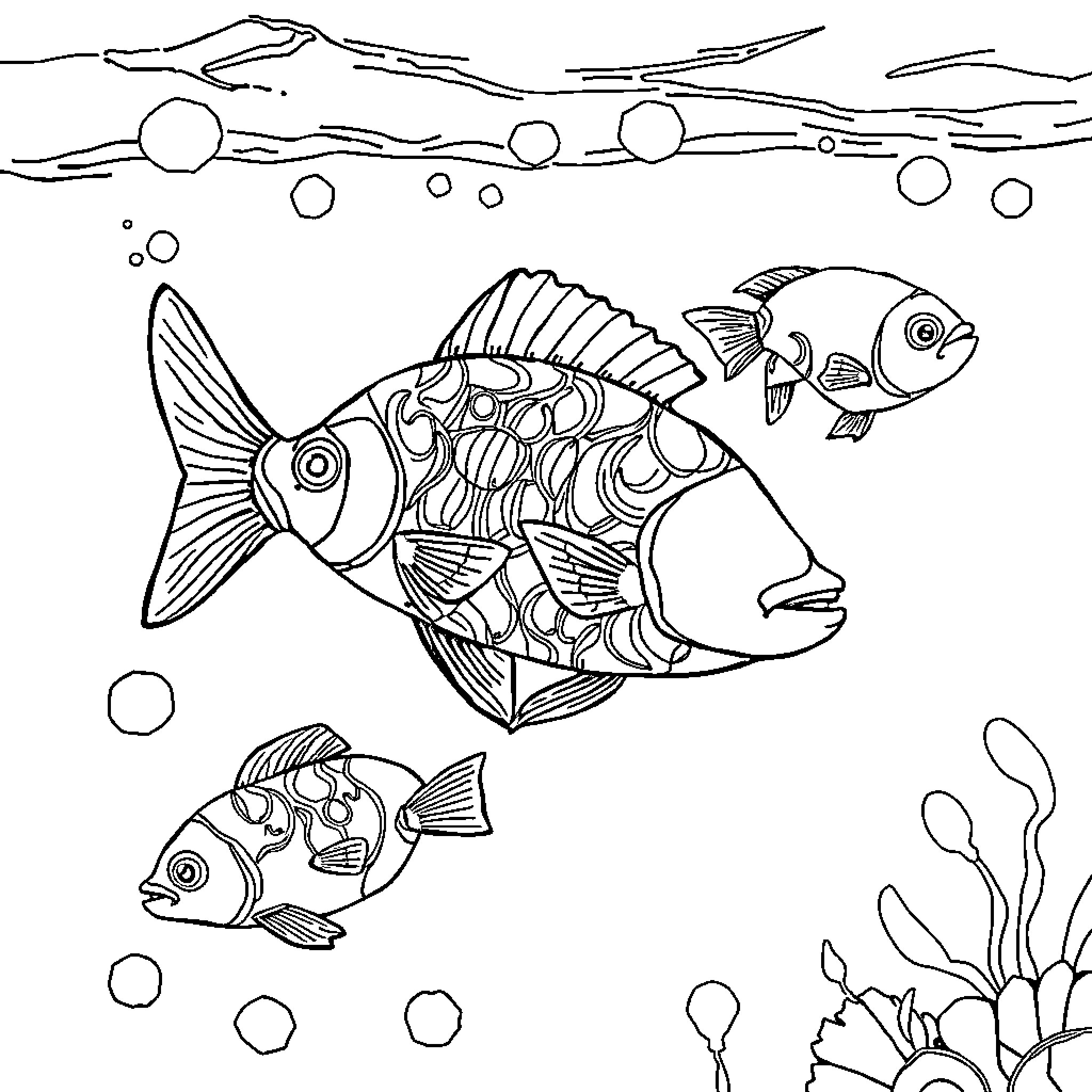 Fish swimming in the underwater scene Coloring Page (free black-and-white line drawing printable PDF for all, from beginners to advanced learners, including children, teens, adults, and seniors)