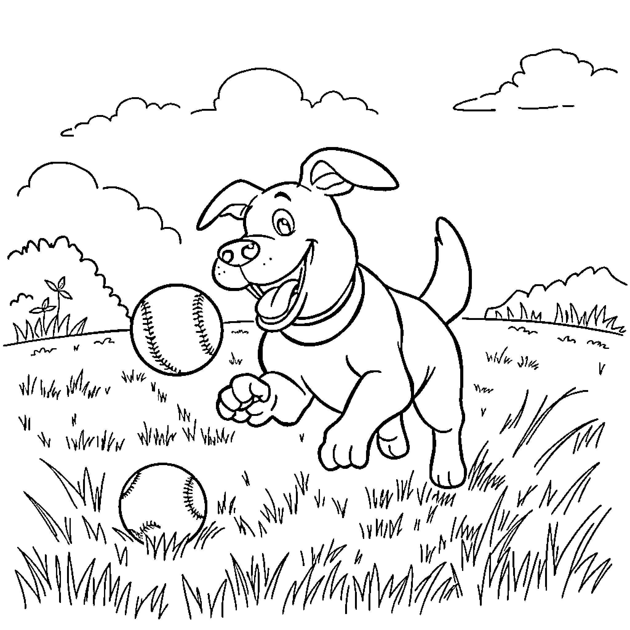 Dog playing with baseballs in the park Coloring Page (free black-and-white line drawing printable PDF for all, from beginners to advanced learners, including children, teens, adults, and seniors)
