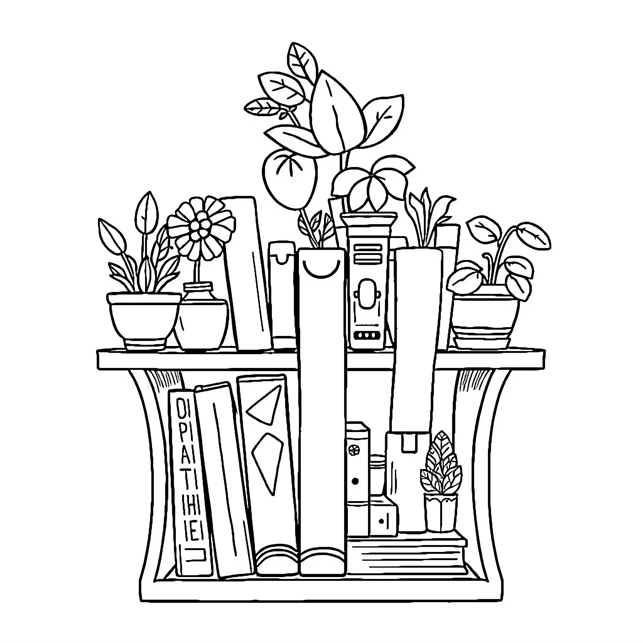 Bookmark Shelf with Plants and Books Coloring Page (free black-and-white line drawing printable PDF for all, from beginners to advanced learners, including children, teens, adults, and seniors)