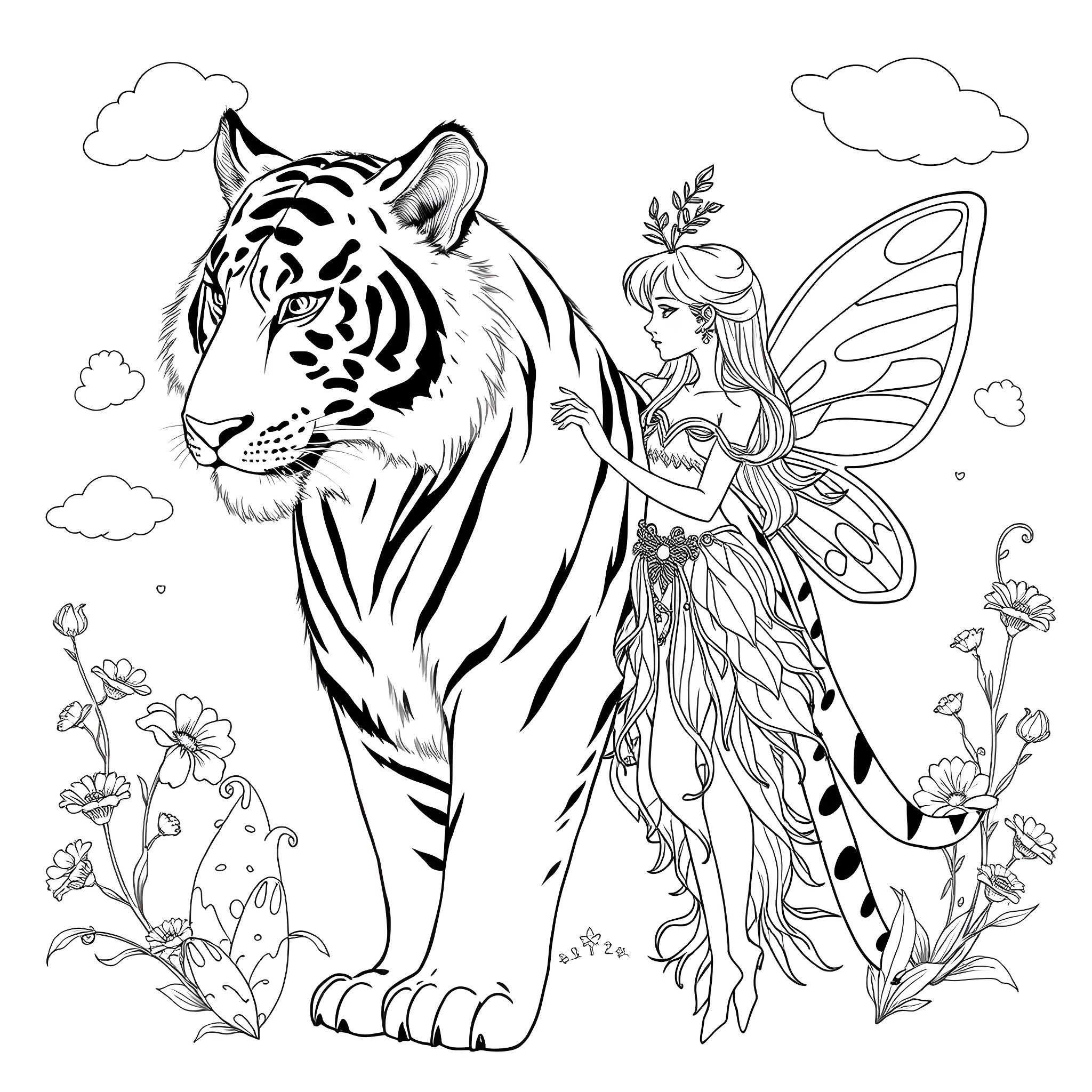 Tiger and Fairy in Nature Illustration Coloring Page (free black-and-white line drawing printable PDF for all, from beginners to advanced learners, including children, teens, adults, and seniors)
