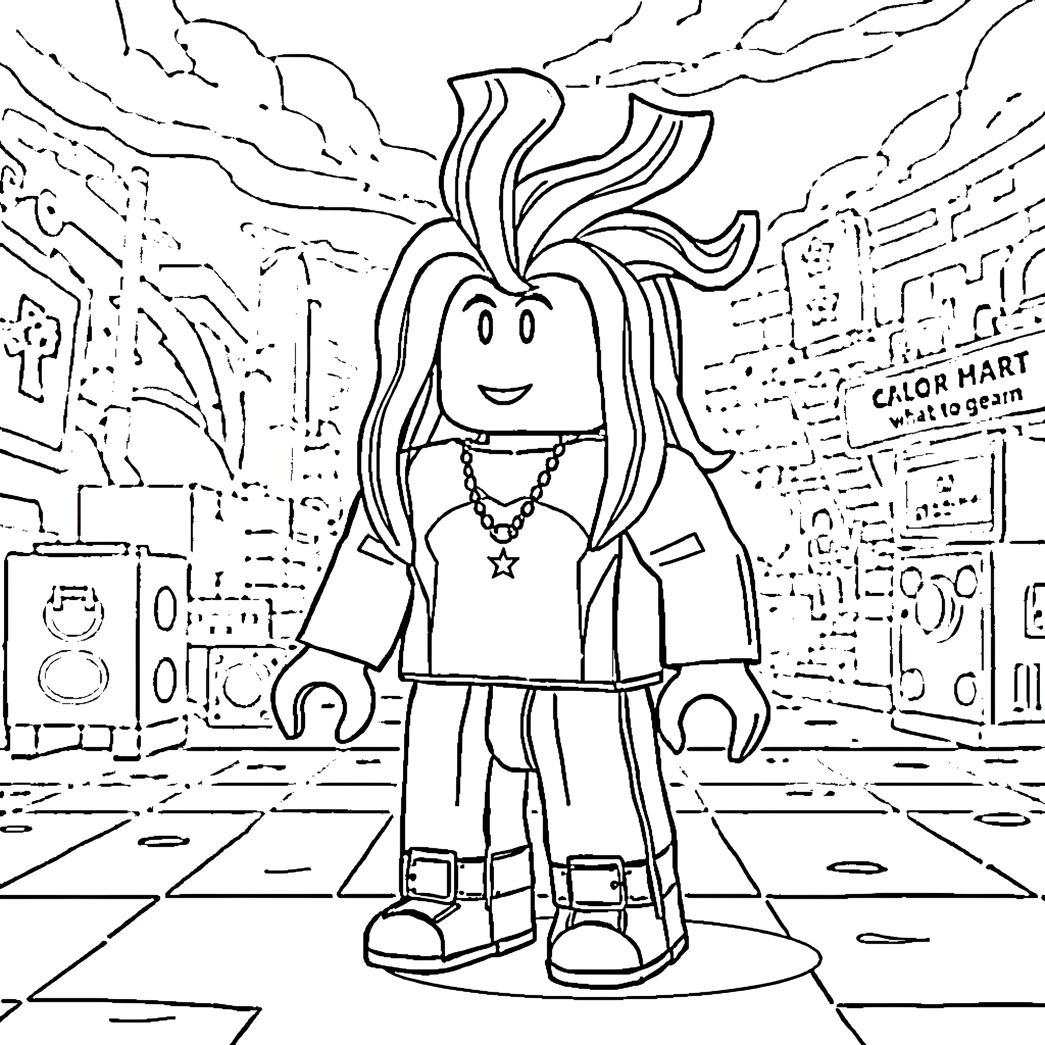 Roblox Character in a City Setting Coloring Page (free black-and-white line drawing printable PDF for all, from beginners to advanced learners, including children, teens, adults, and seniors)