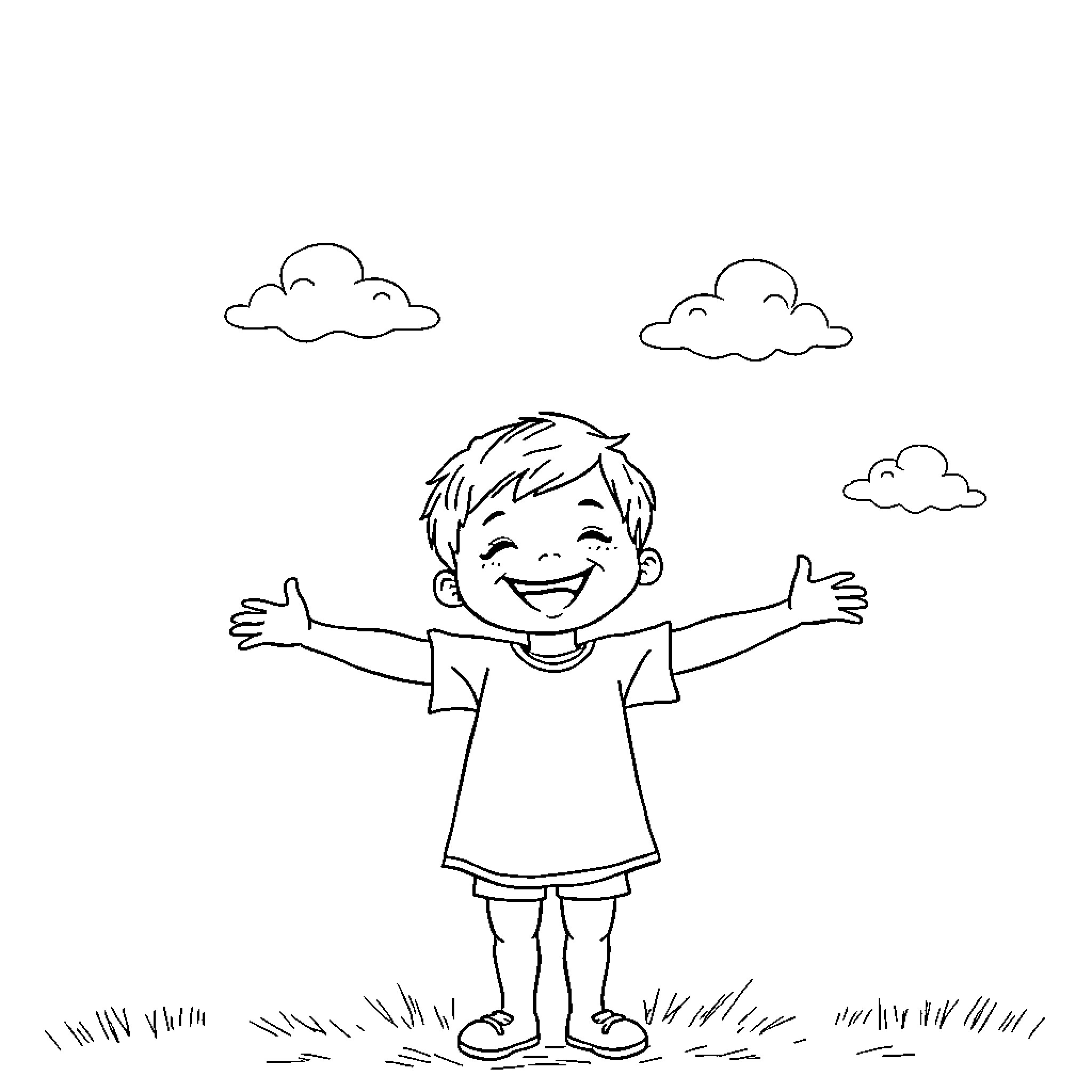Child joyfully standing in a field Coloring Page (free black-and-white line drawing printable PDF for all, from beginners to advanced learners, including children, teens, adults, and seniors)
