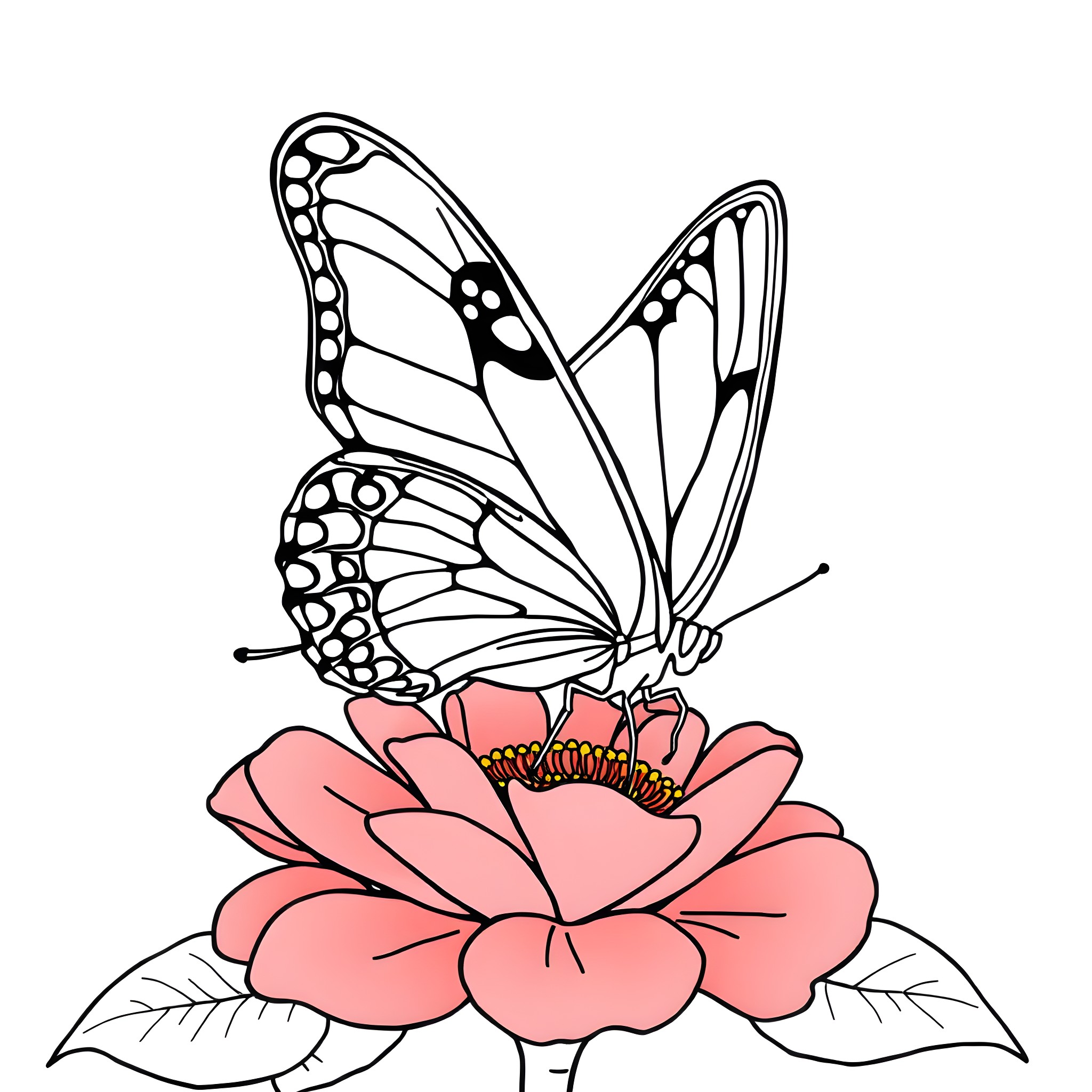 Labubu Butterfly resting on a pink flower Coloring Page (free black-and-white line drawing printable PDF for all, from beginners to advanced learners, including children, teens, adults, and seniors)