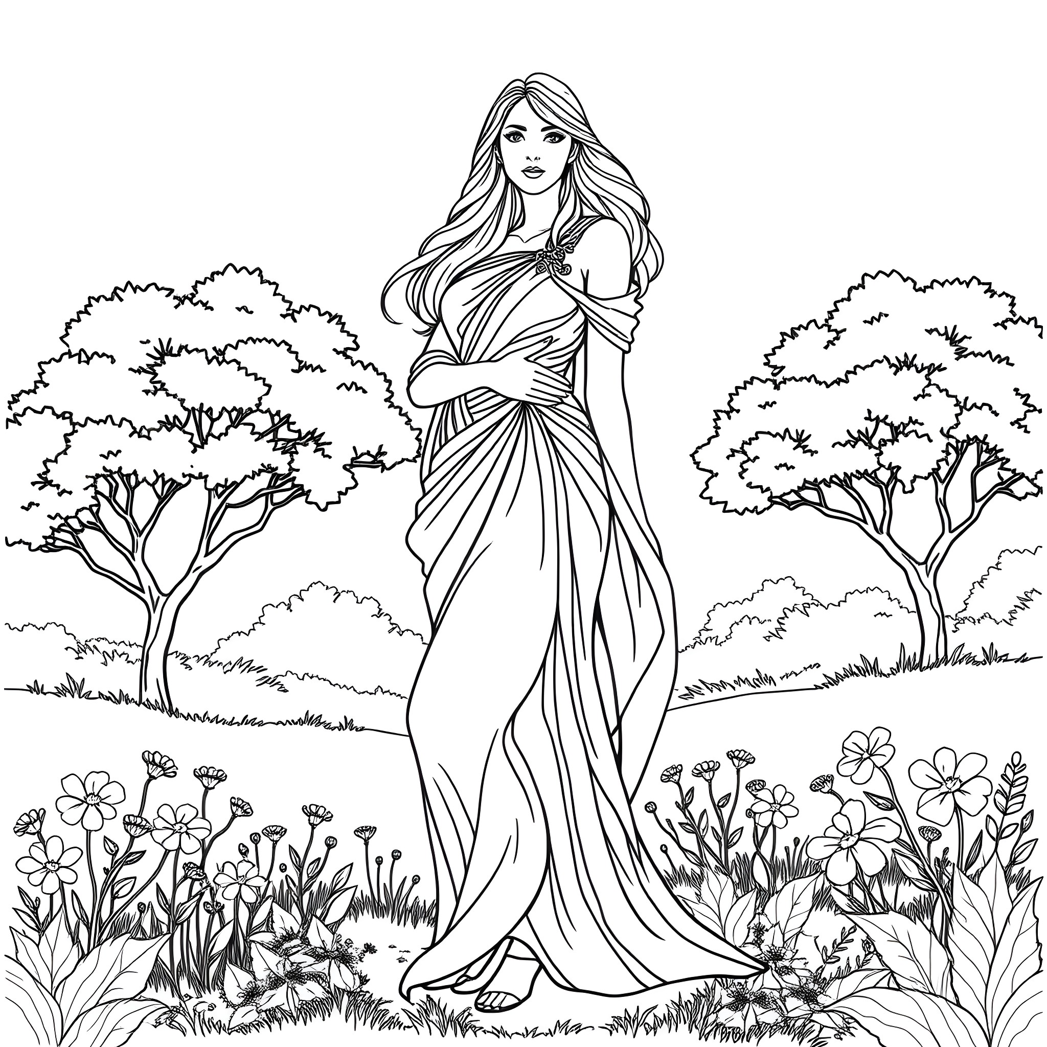 Woman in a flowing dress standing in a beautiful garden Coloring Page (free black-and-white line drawing printable PDF for all, from beginners to advanced learners, including children, teens, adults, and seniors)