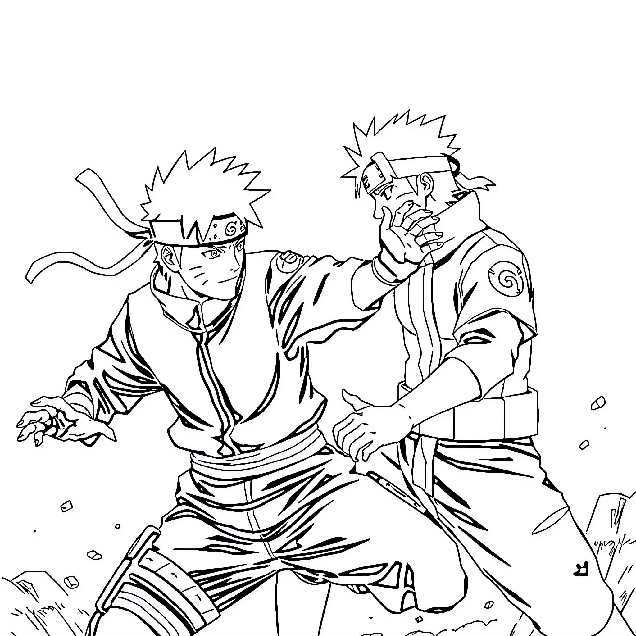 Kakashi Hatake in Intense Ninja Combat Coloring Page (free black-and-white line drawing printable PDF for all, from beginners to advanced learners, including children, teens, adults, and seniors)