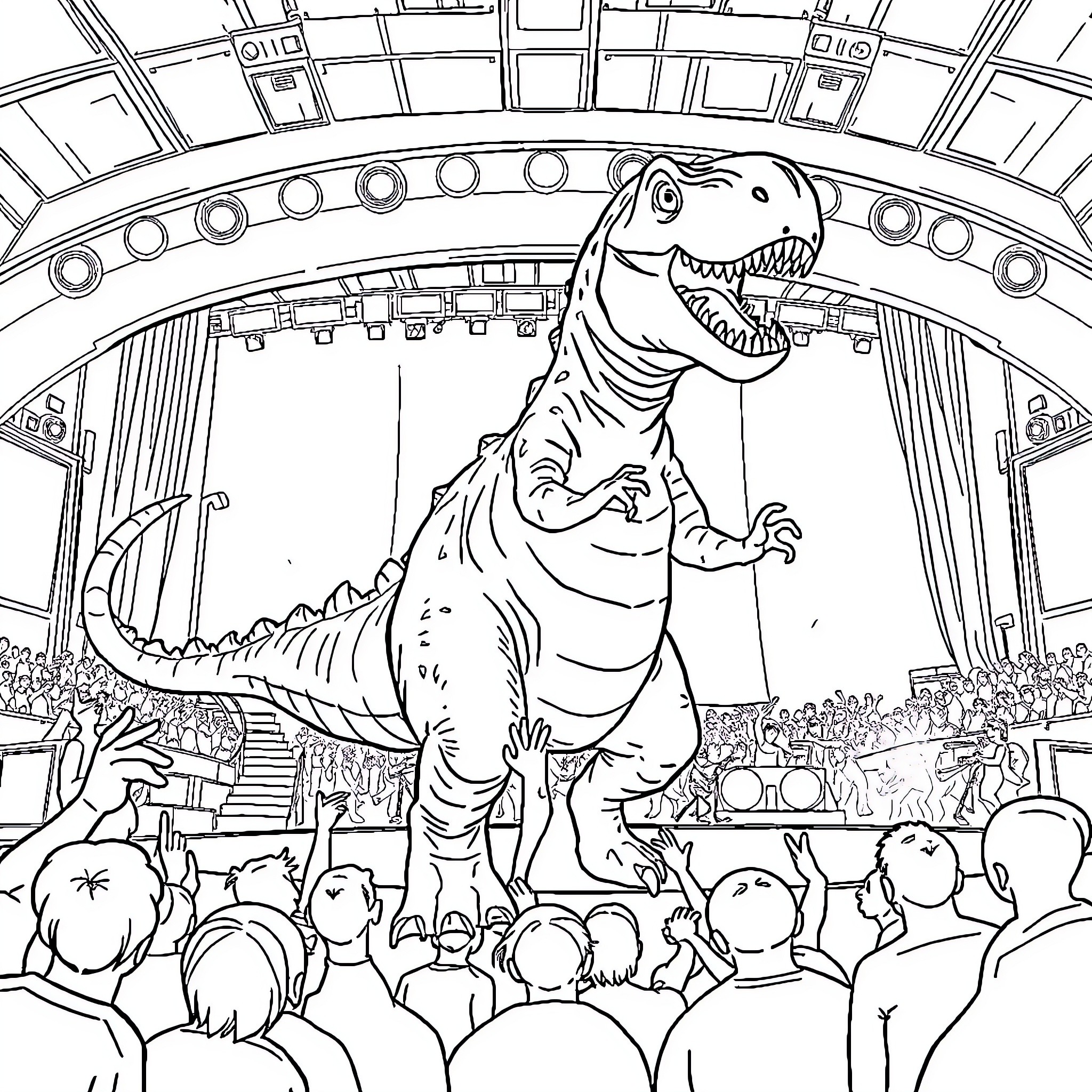Dinosaur performing on stage before audience Coloring Page (free black-and-white line drawing printable PDF for all, from beginners to advanced learners, including children, teens, adults, and seniors)
