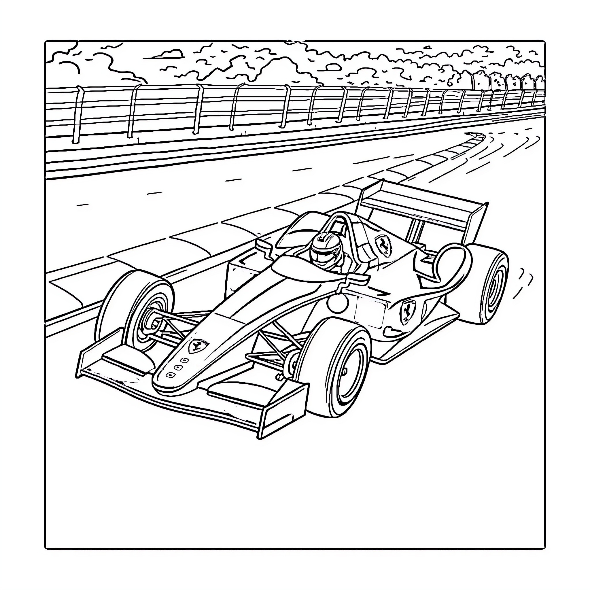 Lando Norris driving race car on track Coloring Page (free black-and-white line drawing printable PDF for all, from beginners to advanced learners, including children, teens, adults, and seniors)