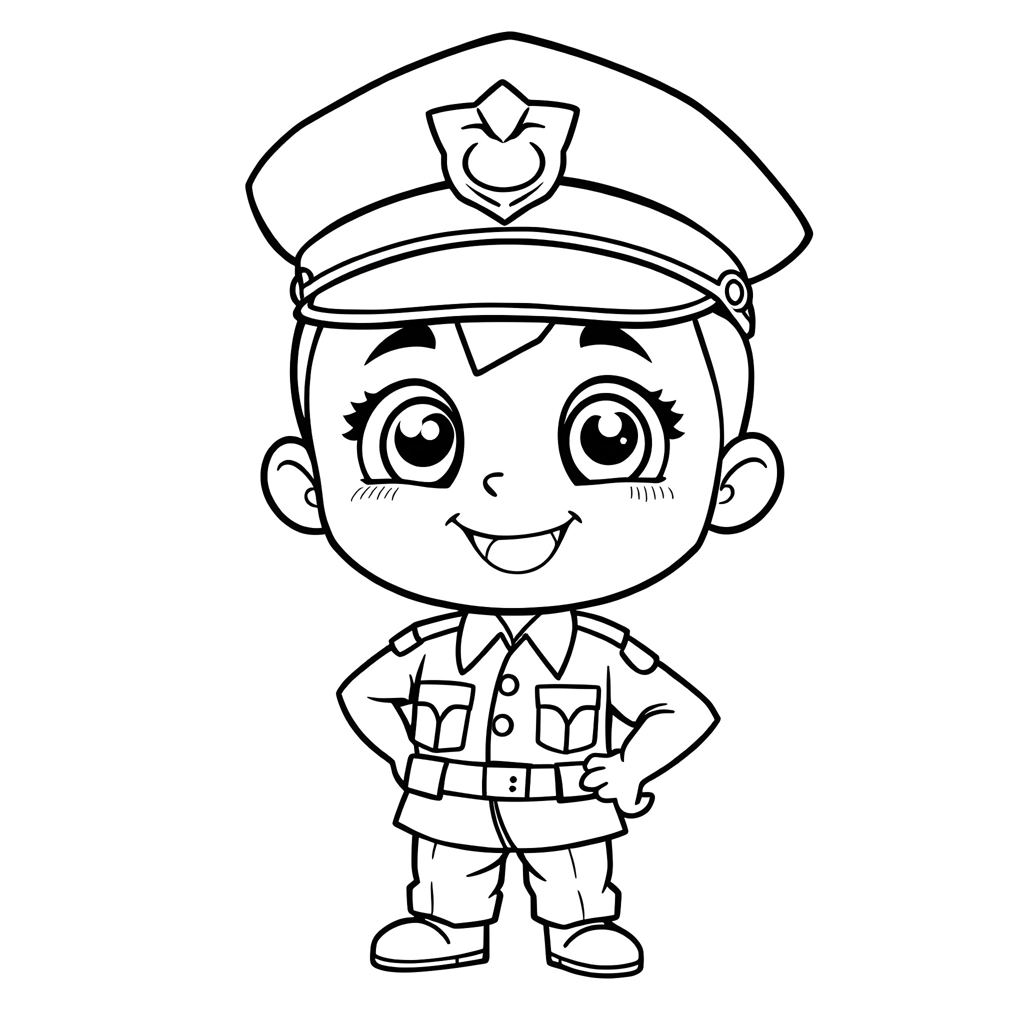 Police Officer in Uniform Smiling Cheerfully Coloring Page (free black-and-white line drawing printable PDF for all, from beginners to advanced learners, including children, teens, adults, and seniors)