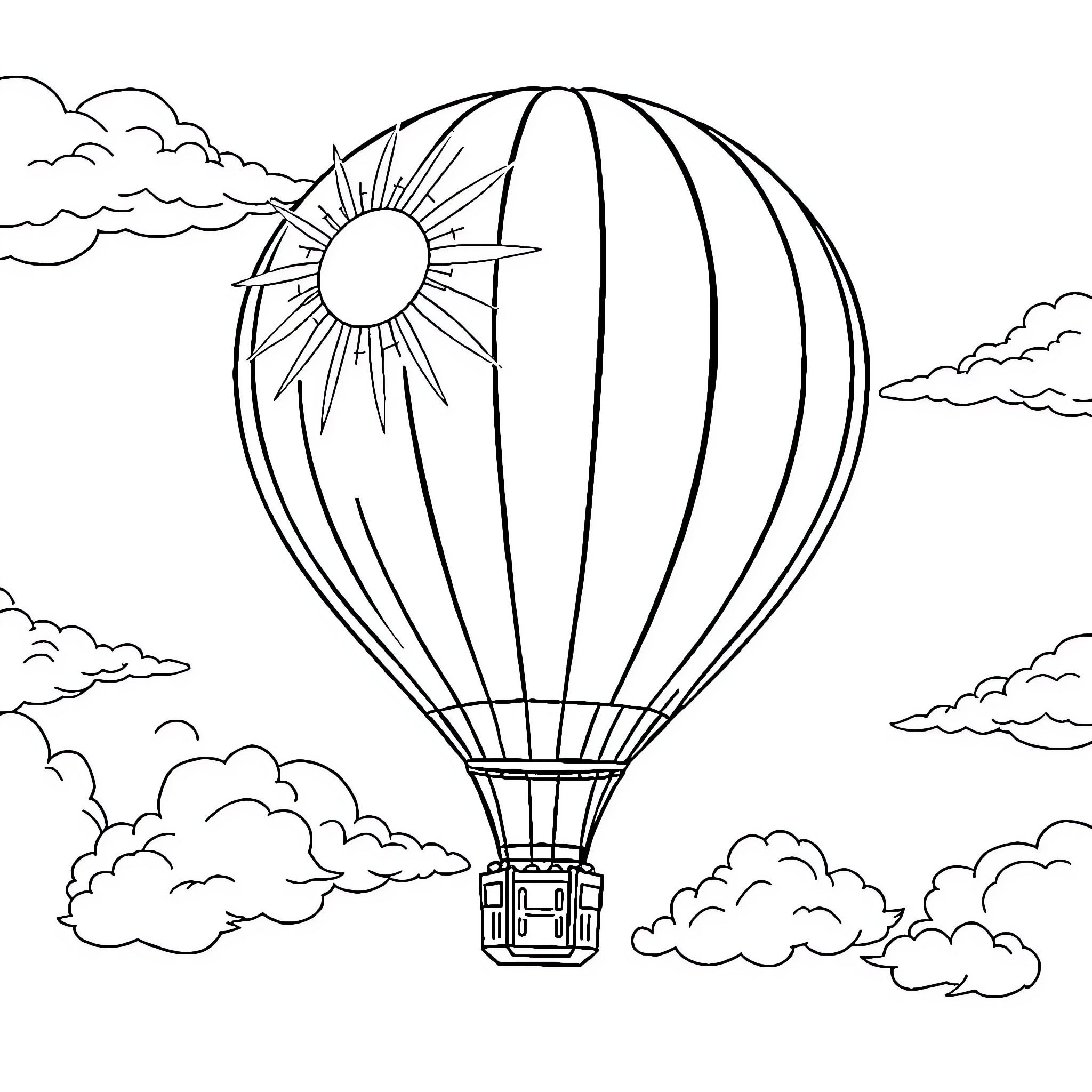 Hot Air Balloon Soaring in the Cloudy Sky Coloring Page (free black-and-white line drawing printable PDF for all, from beginners to advanced learners, including children, teens, adults, and seniors)