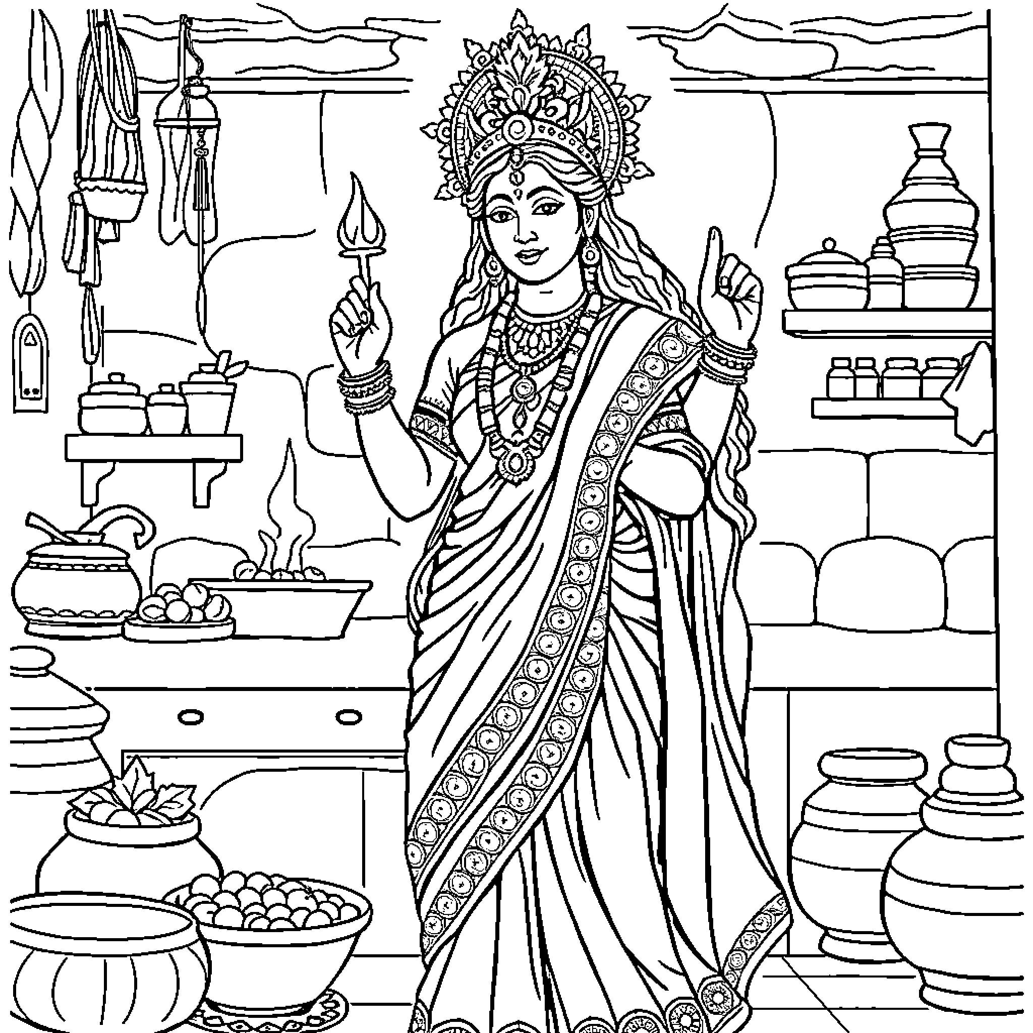 Goddess in Ornate Attire Amid Kitchen Scenes Coloring Page (free black-and-white line drawing printable PDF for all, from beginners to advanced learners, including children, teens, adults, and seniors)