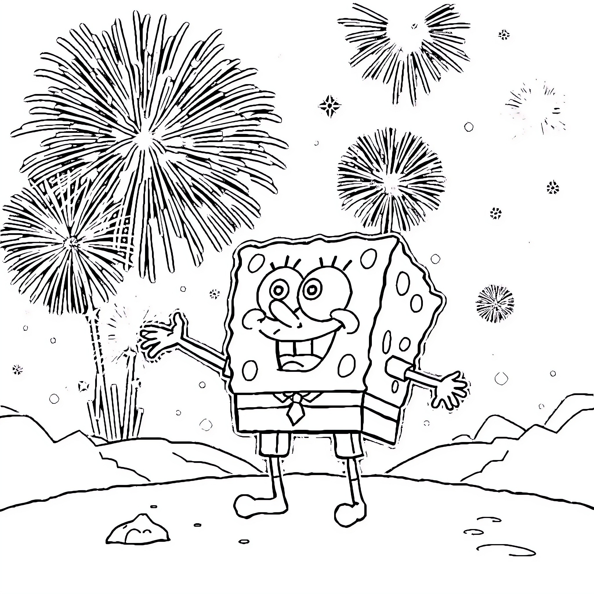 Spongebob celebrating fireworks in the night Coloring Page (free black-and-white line drawing printable PDF for all, from beginners to advanced learners, including children, teens, adults, and seniors)
