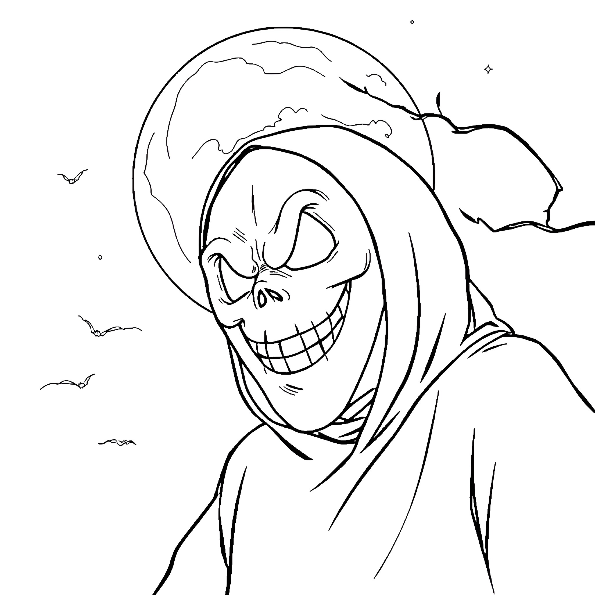 Ghostface stalking in the moonlight Coloring Page (free black-and-white line drawing printable PDF for all, from beginners to advanced learners, including children, teens, adults, and seniors)