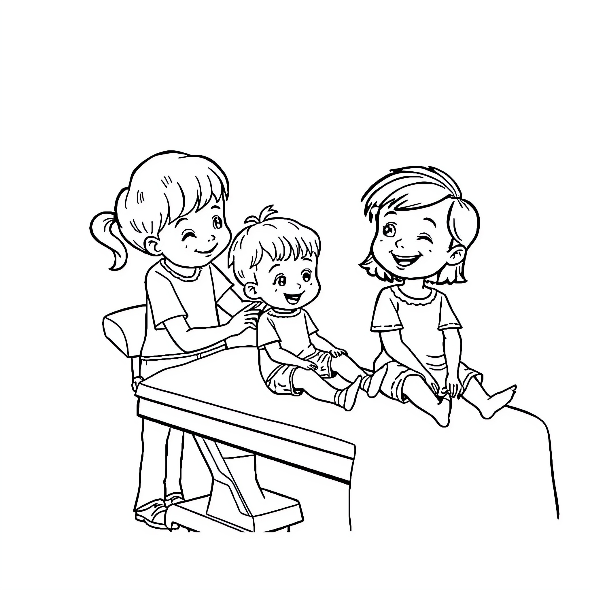 Child Siblings Playing at Doctor's Office Coloring Page (free black-and-white line drawing printable PDF for all, from beginners to advanced learners, including children, teens, adults, and seniors)