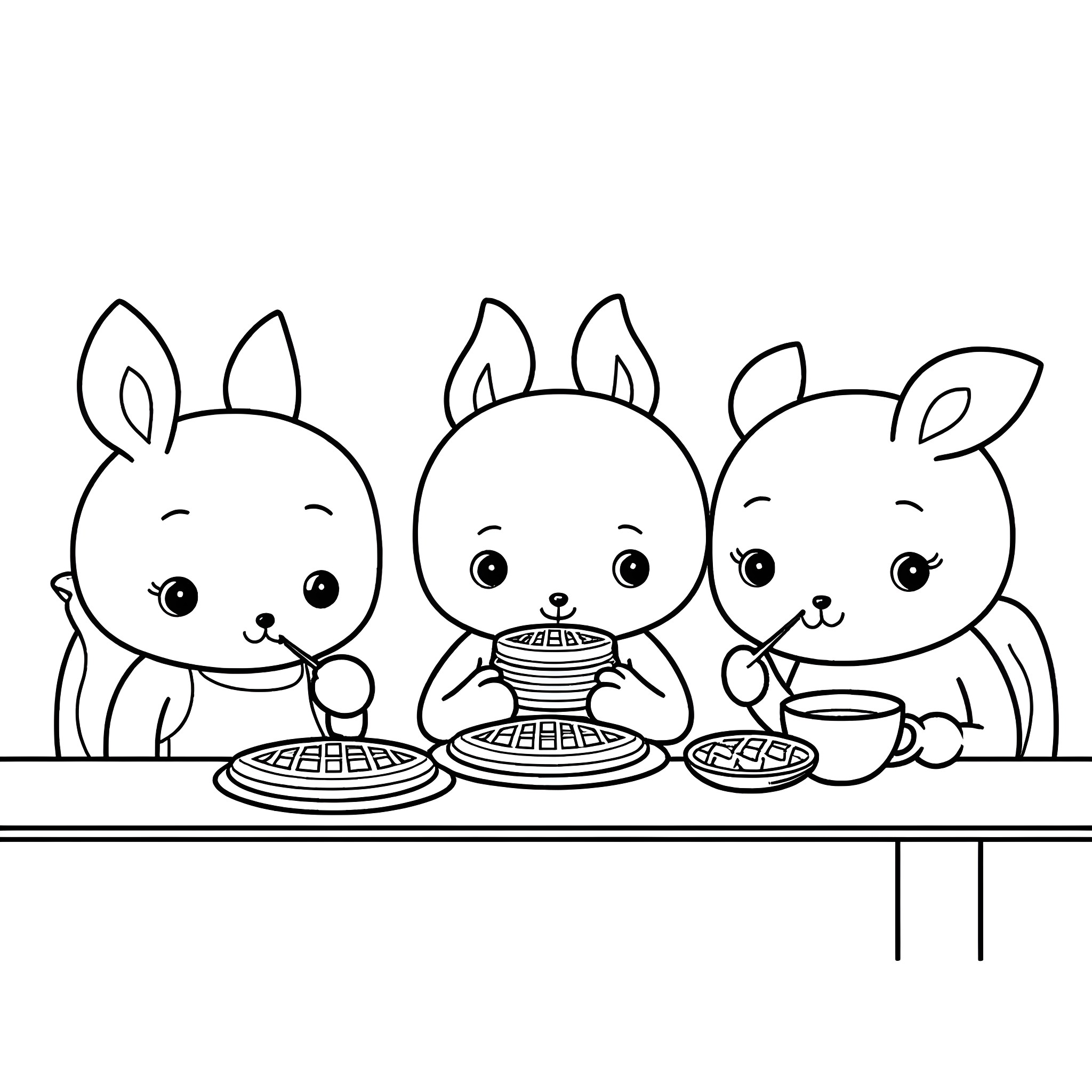 Mouse friends enjoying a meal together Coloring Page (free black-and-white line drawing printable PDF for all, from beginners to advanced learners, including children, teens, adults, and seniors)
