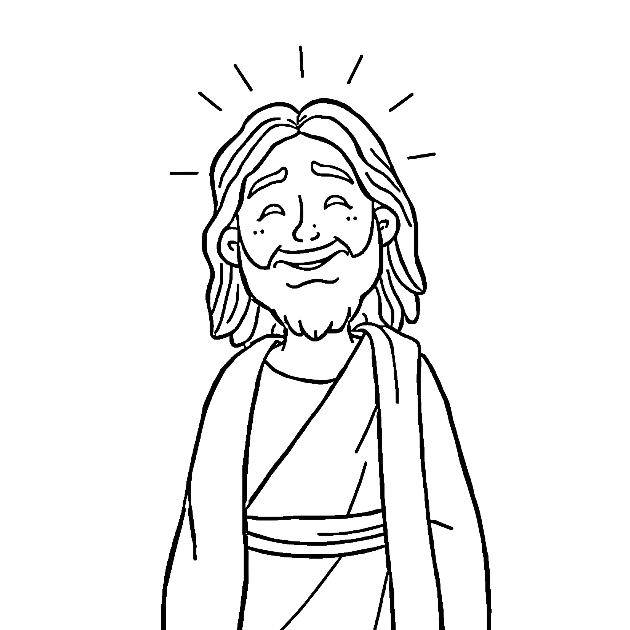 Jesus joyful and radiant in illustration Coloring Page (free black-and-white line drawing printable PDF for all, from beginners to advanced learners, including children, teens, adults, and seniors)