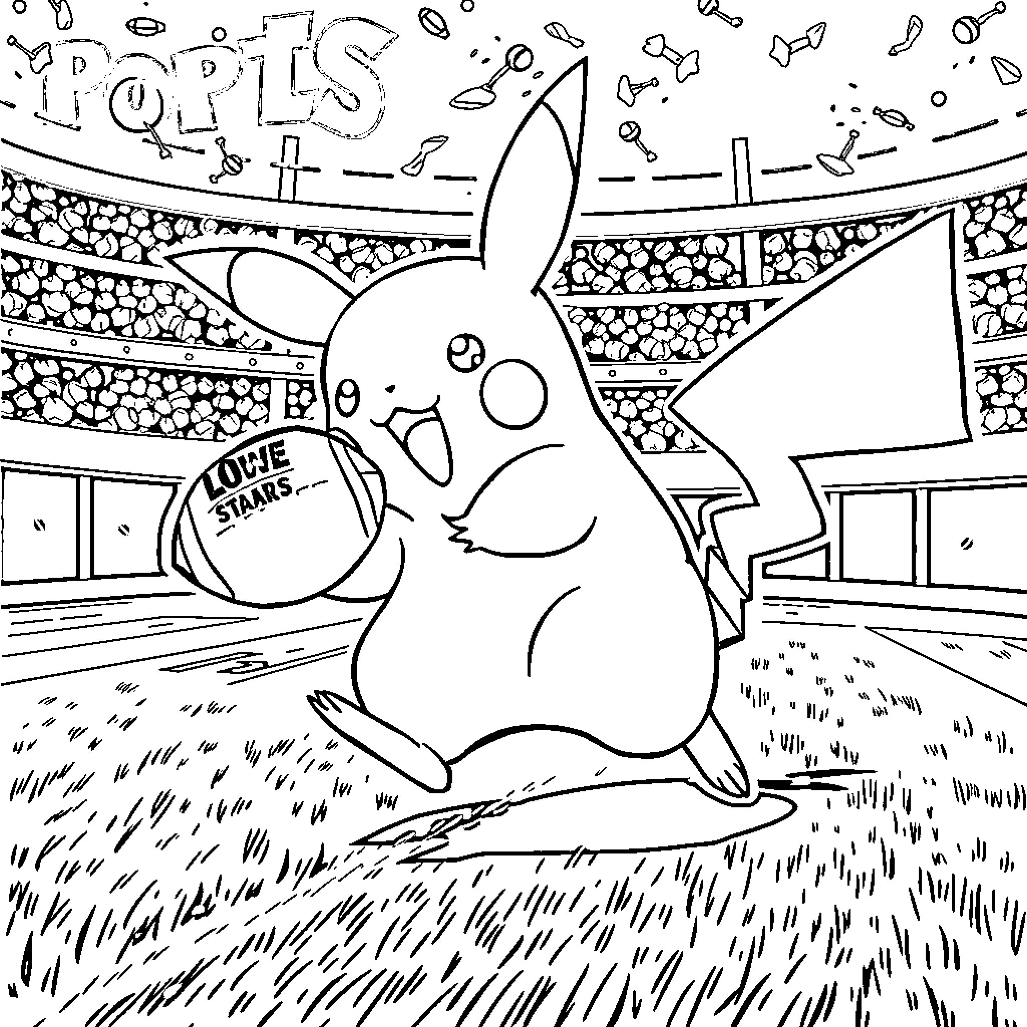 Pikachu playing in sports stadium Coloring Page (free black-and-white line drawing printable PDF for all, from beginners to advanced learners, including children, teens, adults, and seniors)