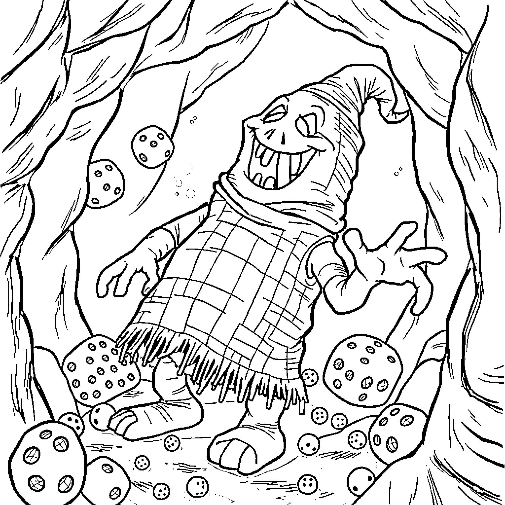 Oogie Boogie's Spooky Forest Adventure Coloring Page (free black-and-white line drawing printable PDF for all, from beginners to advanced learners, including children, teens, adults, and seniors)