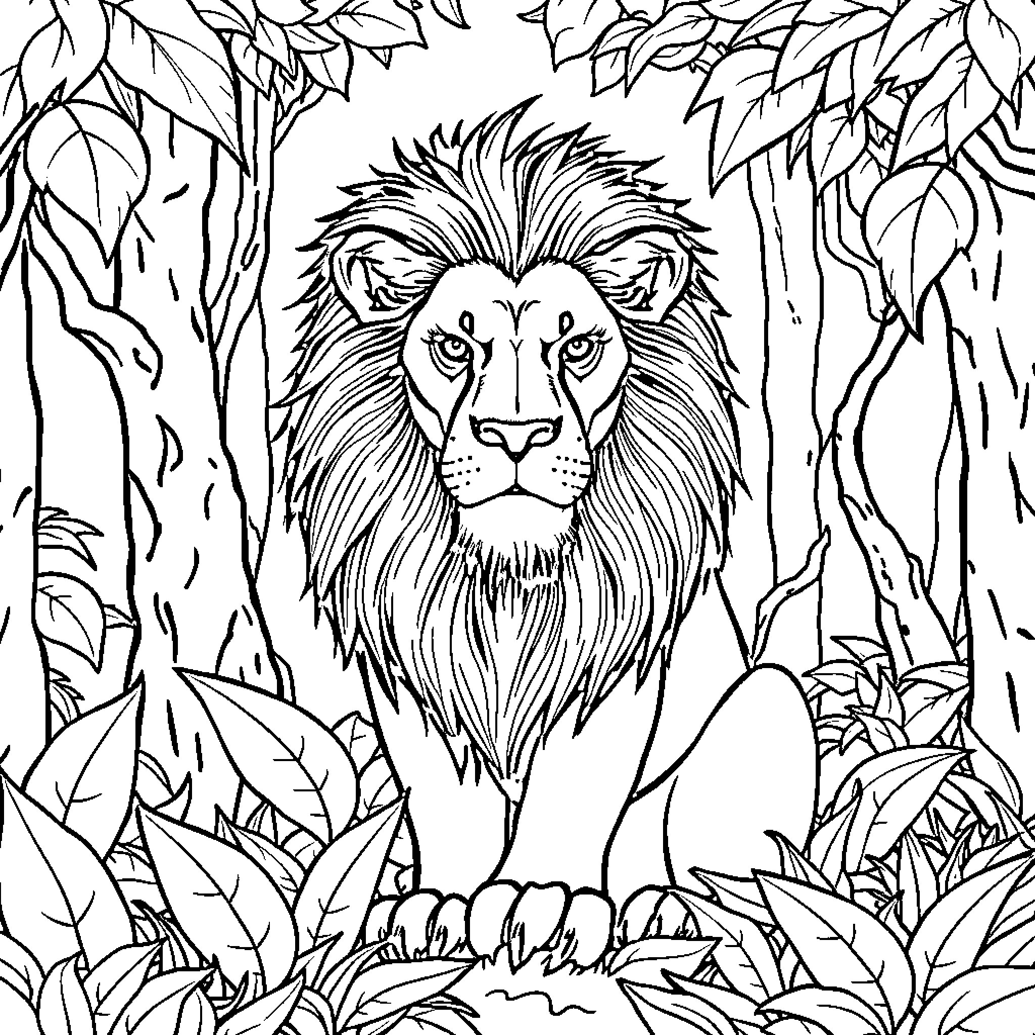 Lion in the Lush Jungle Foliage Coloring Page (free black-and-white line drawing printable PDF for all, from beginners to advanced learners, including children, teens, adults, and seniors)