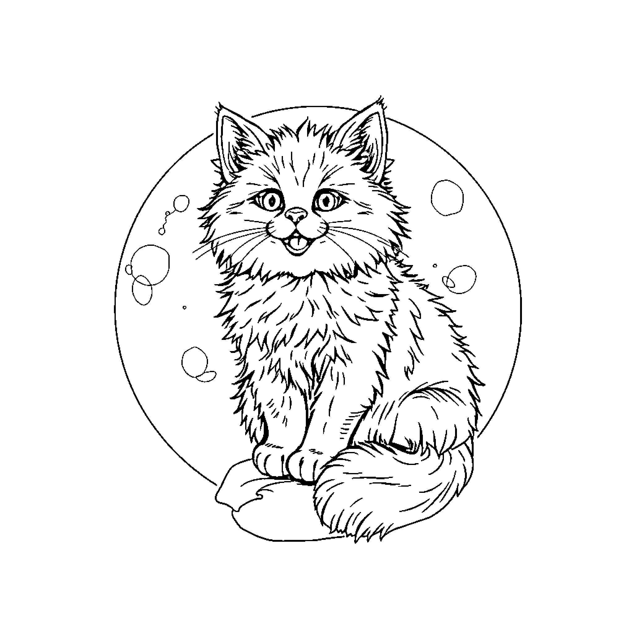 Cat in an oval with bubbles Coloring Page (free black-and-white line drawing printable PDF for all, from beginners to advanced learners, including children, teens, adults, and seniors)