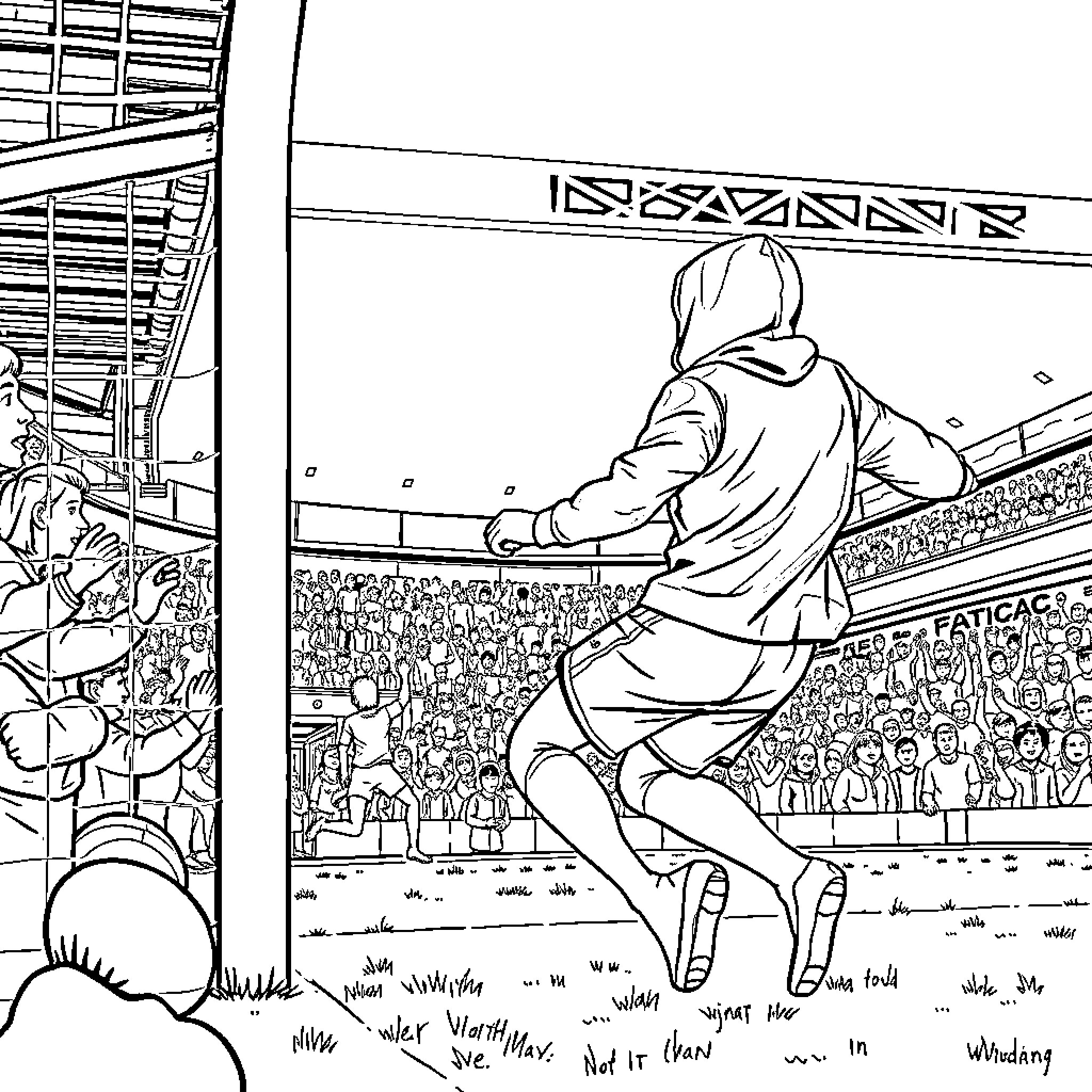 Hood athlete performing on sports field Coloring Page (free black-and-white line drawing printable PDF for all, from beginners to advanced learners, including children, teens, adults, and seniors)