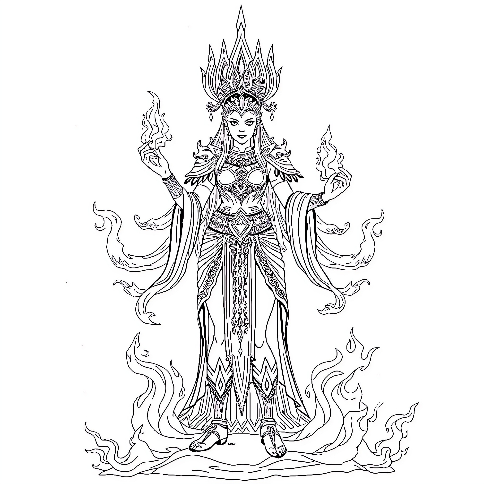 Pirena, the Majestic Fire Goddess Coloring Page (free black-and-white line drawing printable PDF for all, from beginners to advanced learners, including children, teens, adults, and seniors)