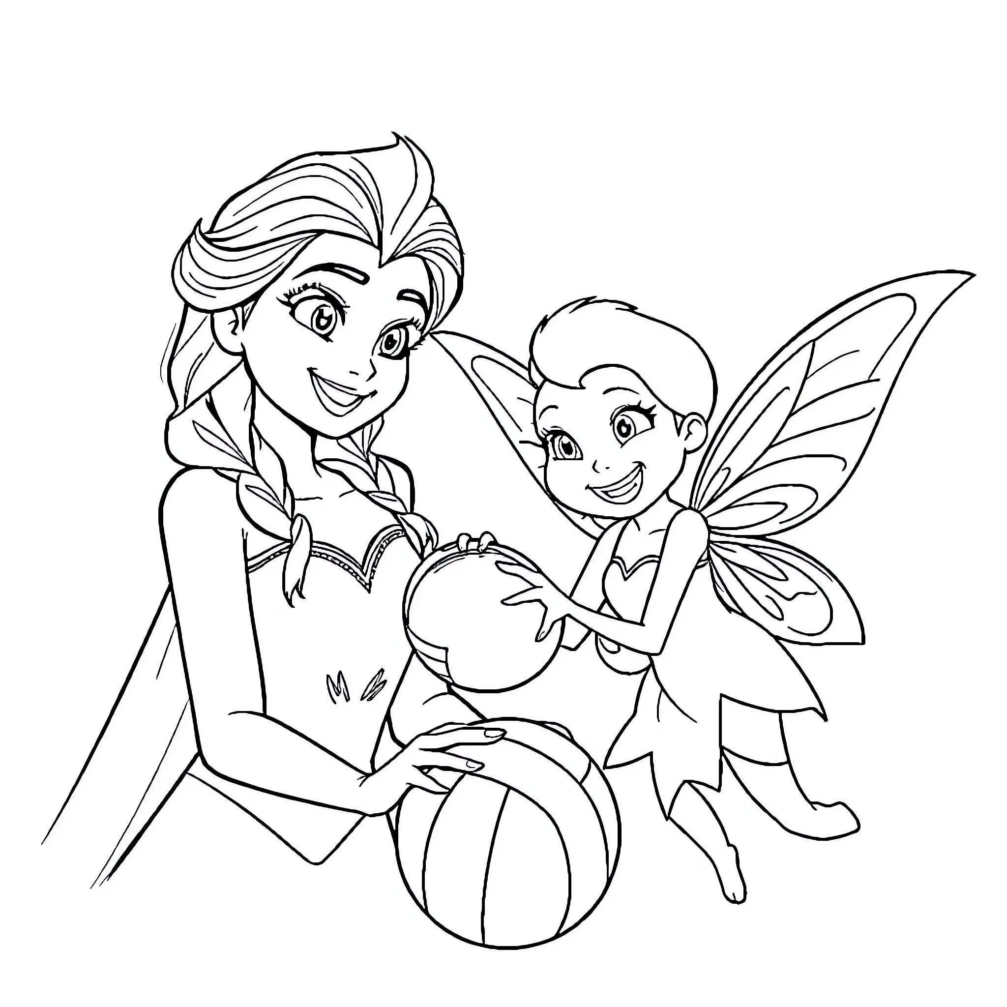 Elsa playing with fairy friend in joyful scene Coloring Page (free black-and-white line drawing printable PDF for all, from beginners to advanced learners, including children, teens, adults, and seniors)