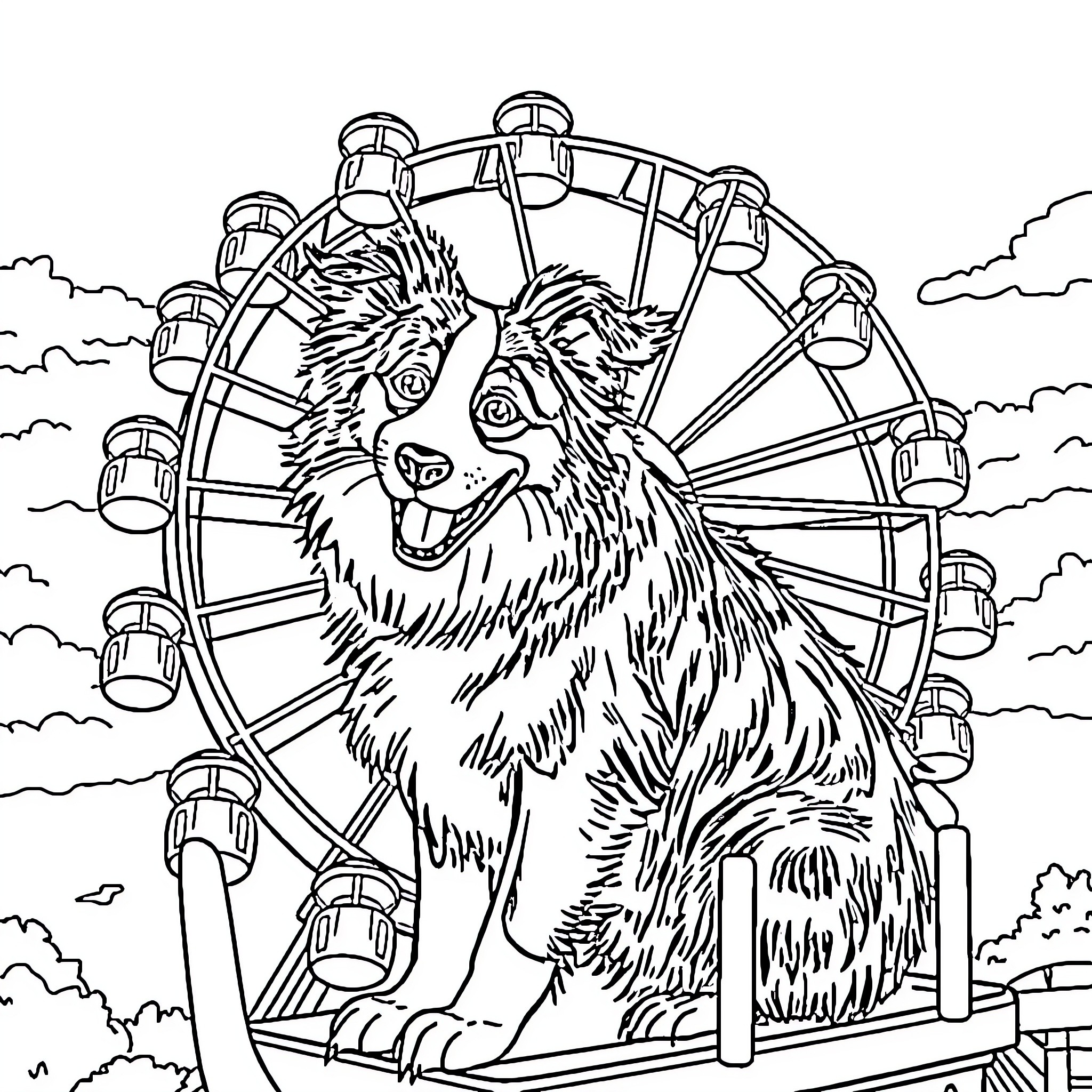 Border Collie playing on a Ferris Wheel Coloring Page (free black-and-white line drawing printable PDF for all, from beginners to advanced learners, including children, teens, adults, and seniors)