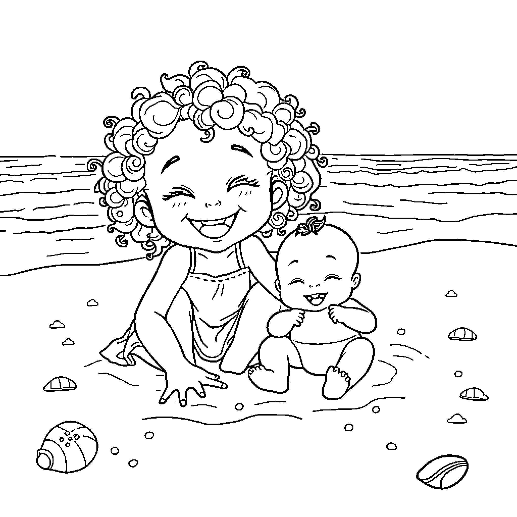 Child playing happily with baby on the beach Coloring Page (free black-and-white line drawing printable PDF for all, from beginners to advanced learners, including children, teens, adults, and seniors)