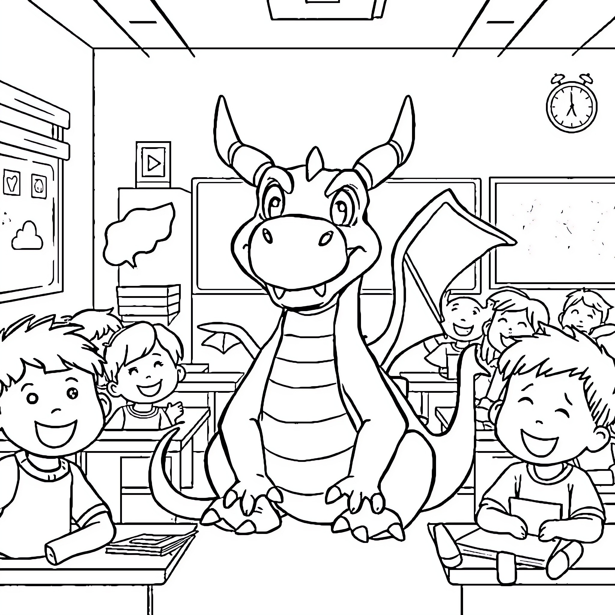 Dragon interacting with happy students in classroom Coloring Page (free black-and-white line drawing printable PDF for all, from beginners to advanced learners, including children, teens, adults, and seniors)