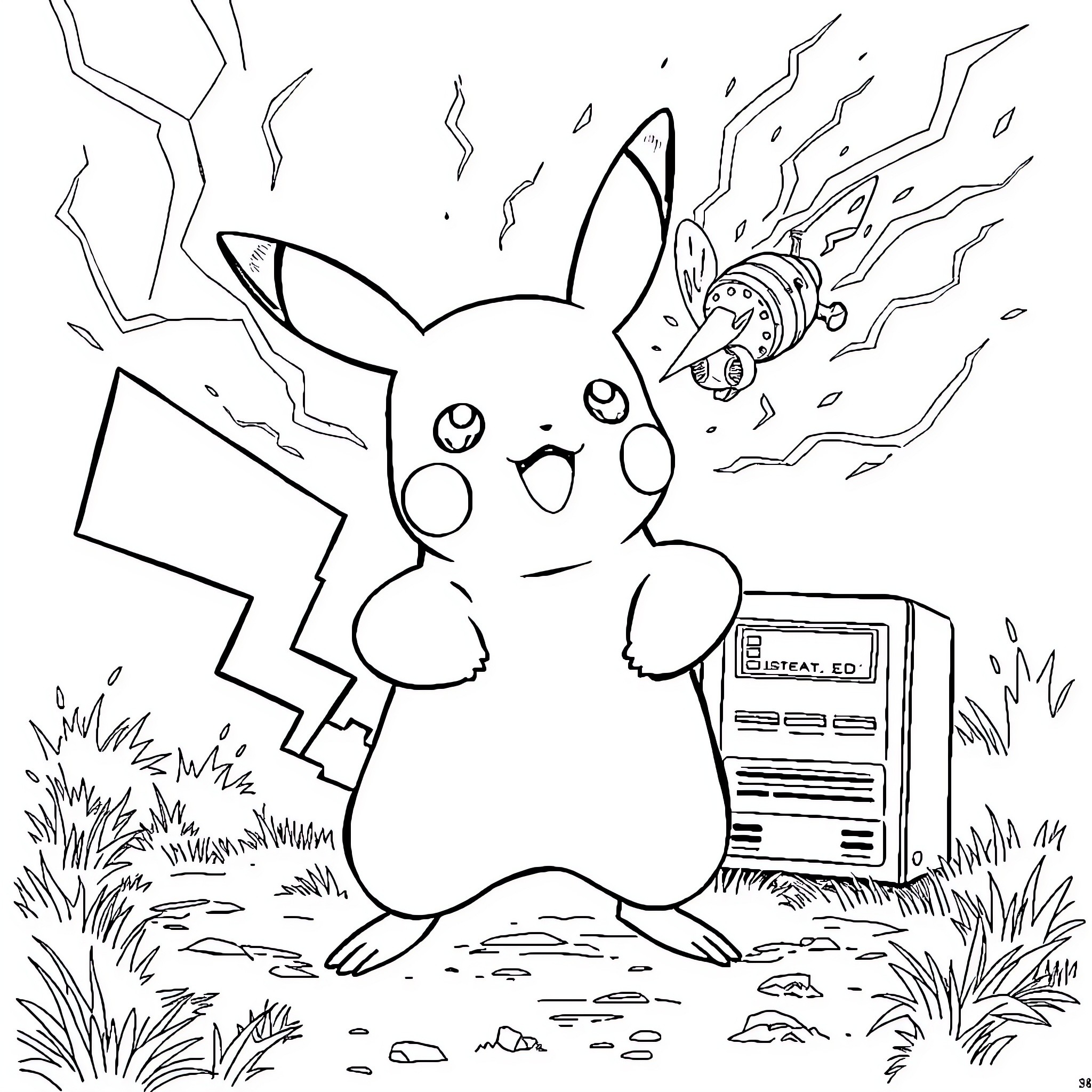 Pikachu Enjoying Thunderstorm in Nature Coloring Page (free black-and-white line drawing printable PDF for all, from beginners to advanced learners, including children, teens, adults, and seniors)