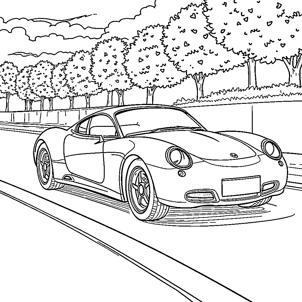Car on the road surrounded by trees Coloring Page (free black-and-white line drawing printable PDF for all, from beginners to advanced learners, including children, teens, adults, and seniors)