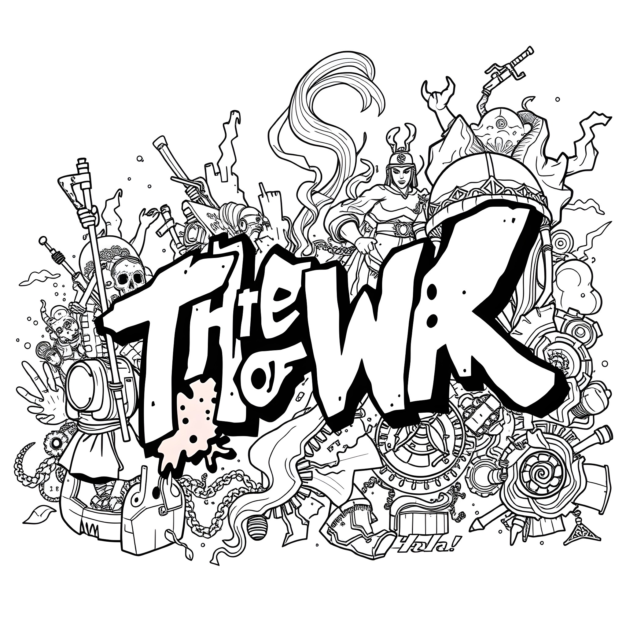 Art Of War: Fantastical Figures and Weaponry Coloring Page (free black-and-white line drawing printable PDF for all, from beginners to advanced learners, including children, teens, adults, and seniors)