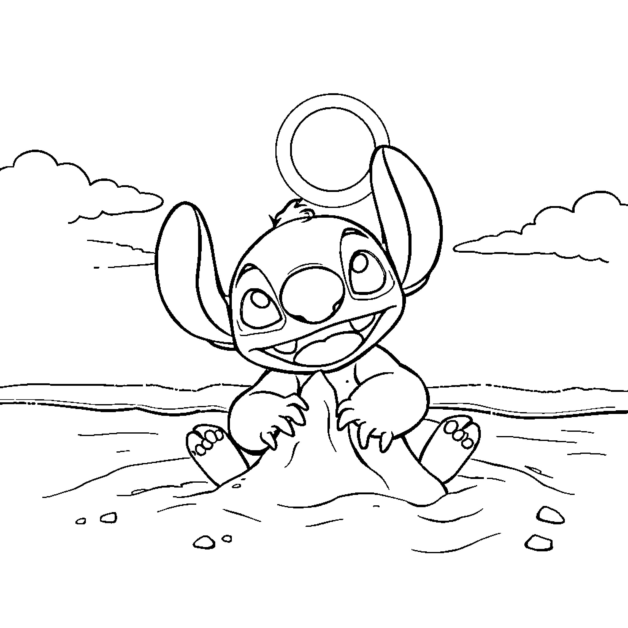 Stitch sitting on the beach with a happy expression Coloring Page (free black-and-white line drawing printable PDF for all, from beginners to advanced learners, including children, teens, adults, and seniors)