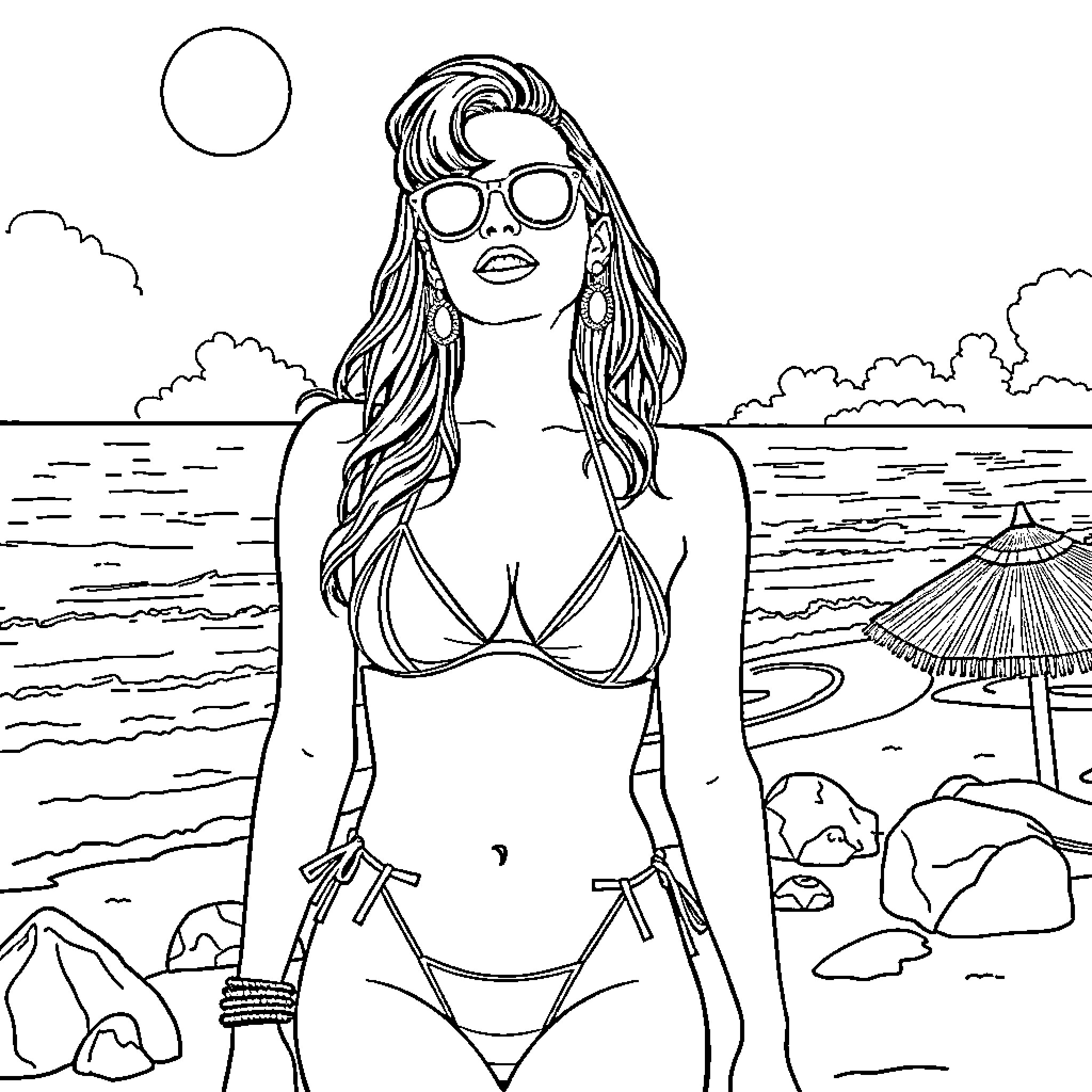 Katy Perry in a Beachside Photoshoot Coloring Page (free black-and-white line drawing printable PDF for all, from beginners to advanced learners, including children, teens, adults, and seniors)