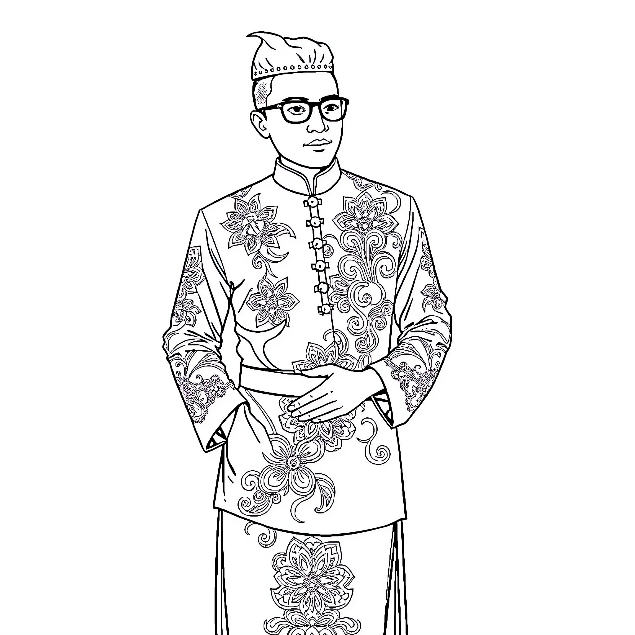 Akaza in traditional cultural dress with floral patterns Coloring Page (free black-and-white line drawing printable PDF for all, from beginners to advanced learners, including children, teens, adults, and seniors)